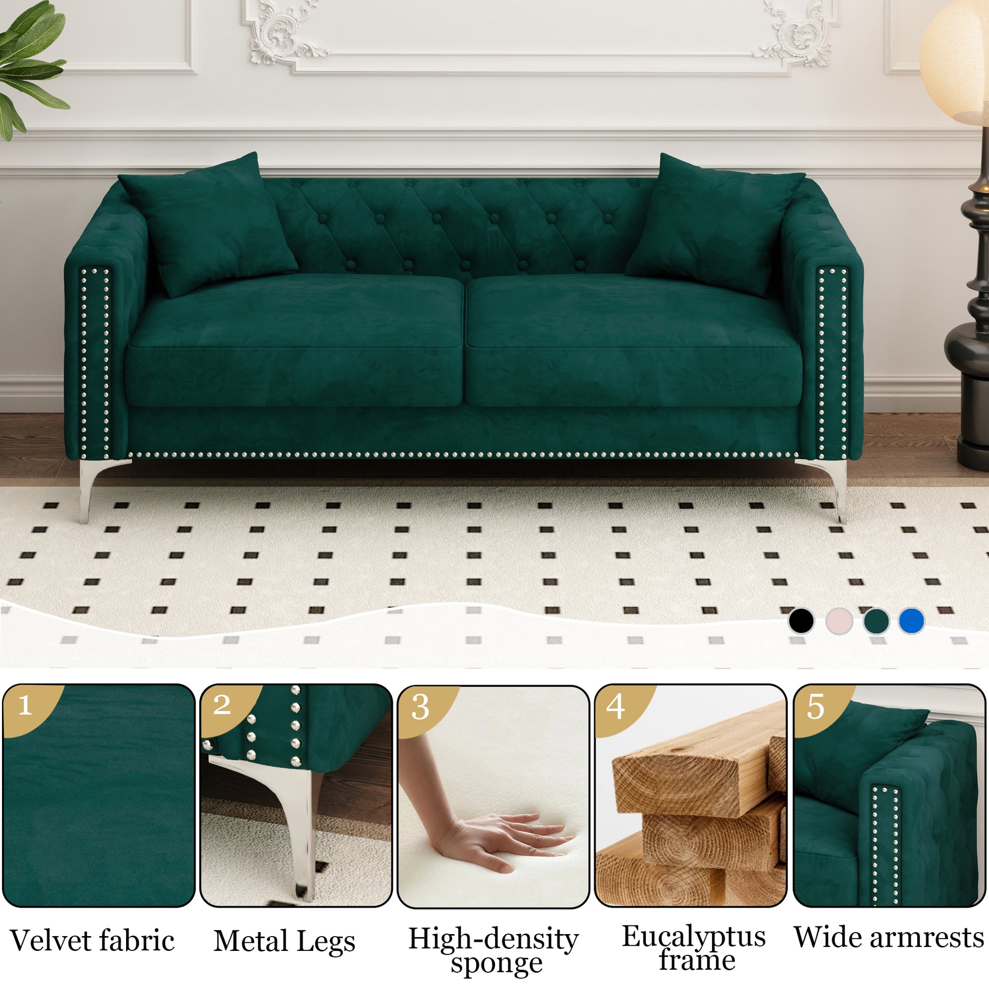 Sofa Includes 2 Pillows, 83 "Green Velvet Triple Sofa For Small Spaces Green Velvet