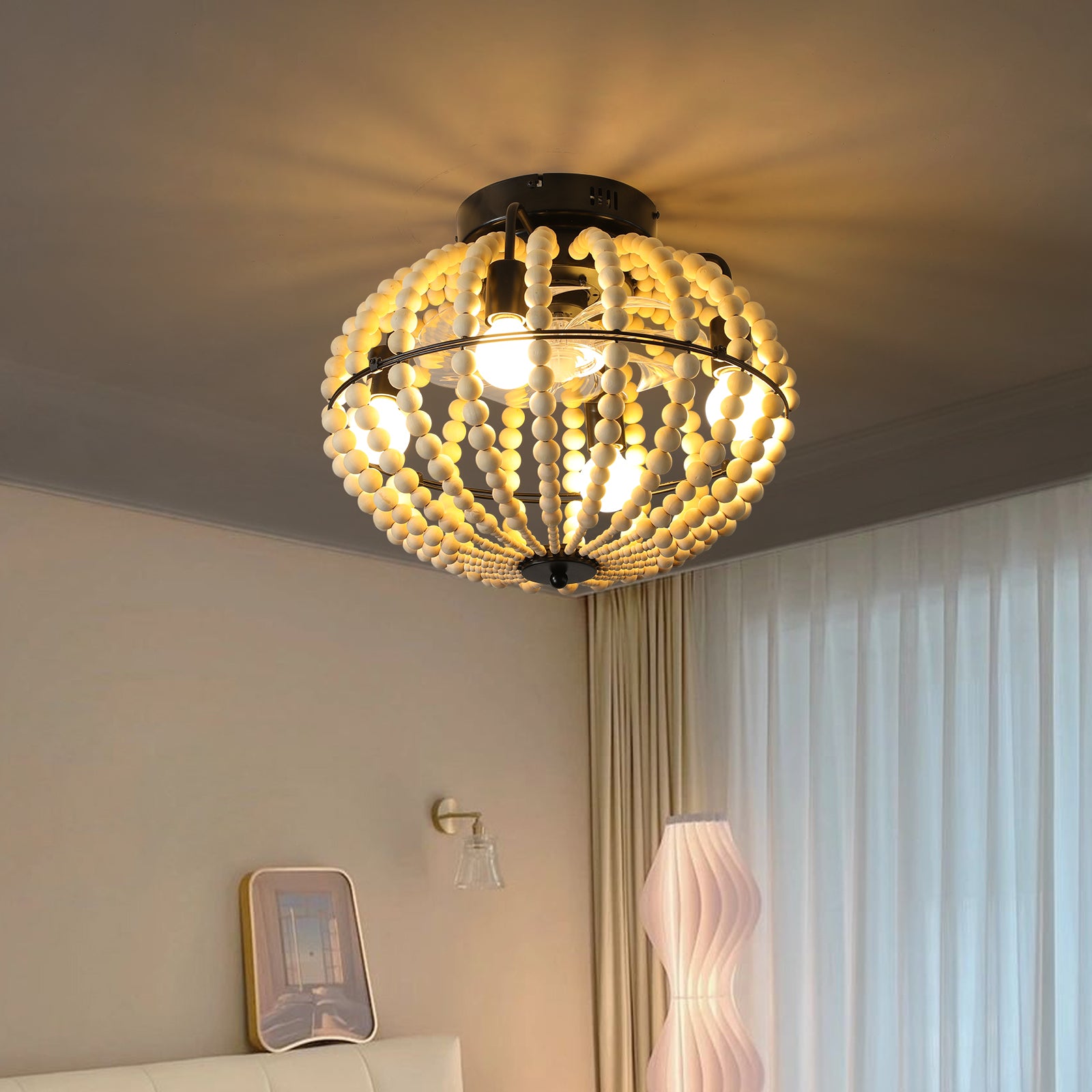 Beaded Fan Lamp Wood Beaded Chandelier Oak White White Modern Iron