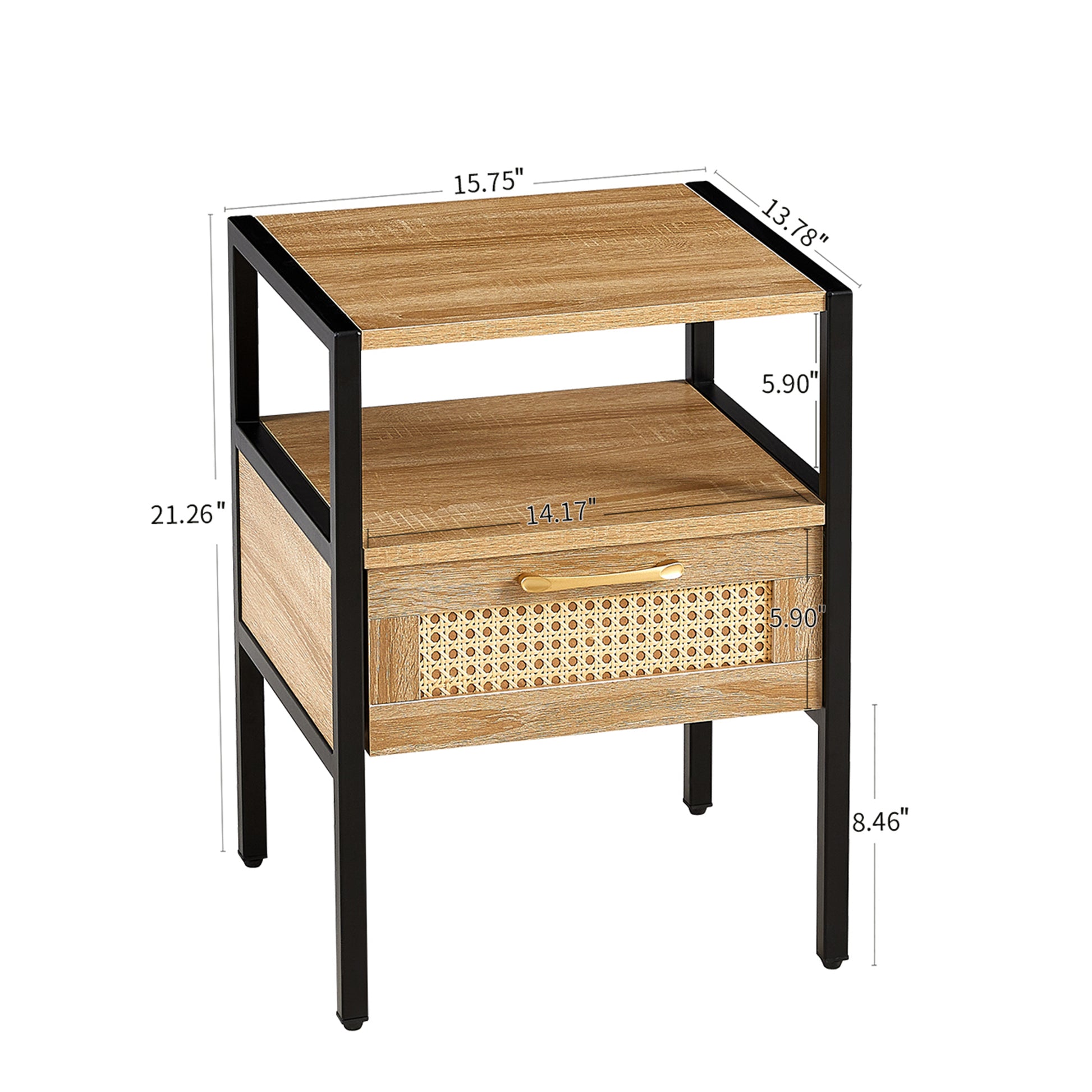 Set Of 2, 15.75" Rattan End Table With Drawer, Modern Nightstand, Metal Legs,Side Table For Living Room, Bedroom,Natural Natural Mdf Metal