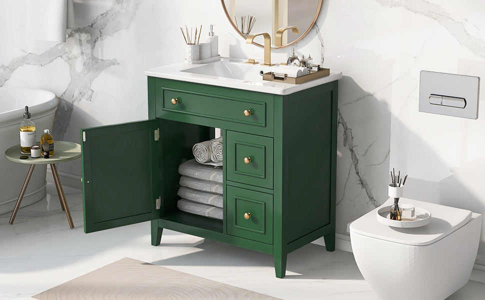 30" Bathroom Vanity With Sink Top, Bathroom Vanity Cabinet With Door And Two Drawers, Solid Wood Frame, One Package, Green Old Sku:Wf311620Aag Green Solid Wood Mdf