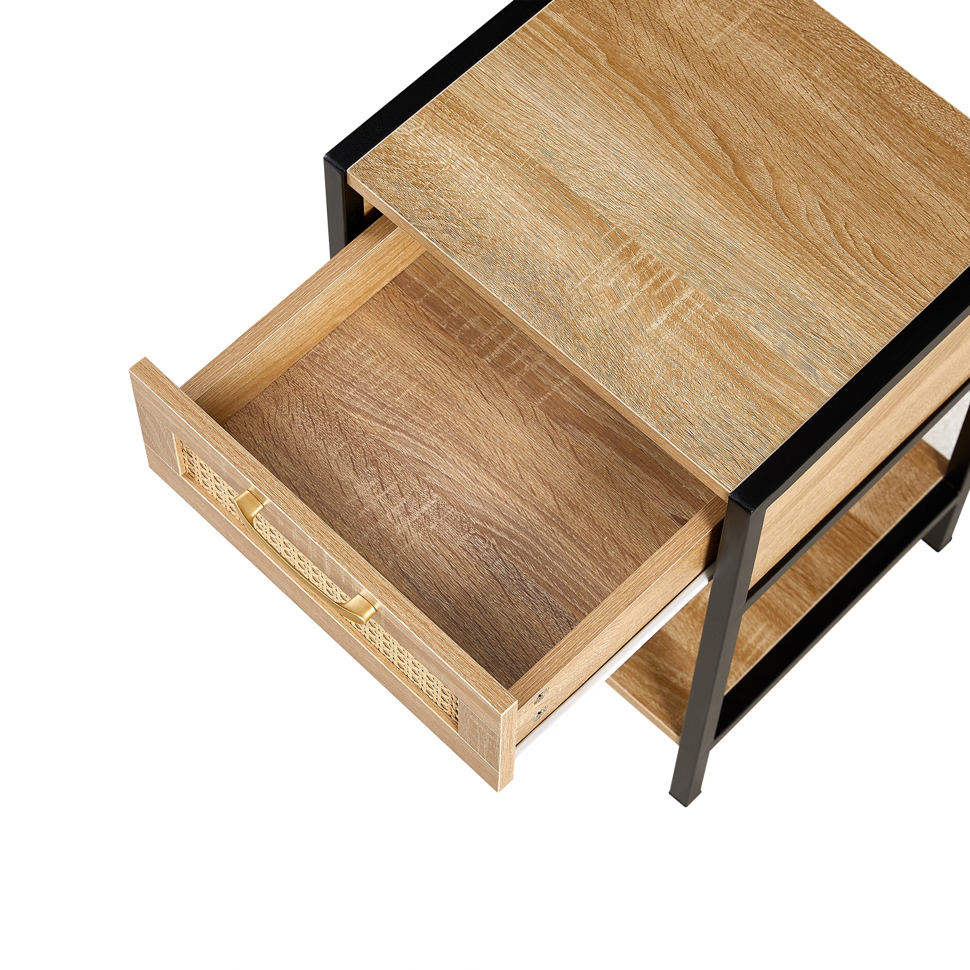 Set Of 2, 15.74" Rattan End Table With Drawer, Modern Nightstand, Metal Legs,Side Table For Living Room, Bedroom,Natural Natural Mdf Metal