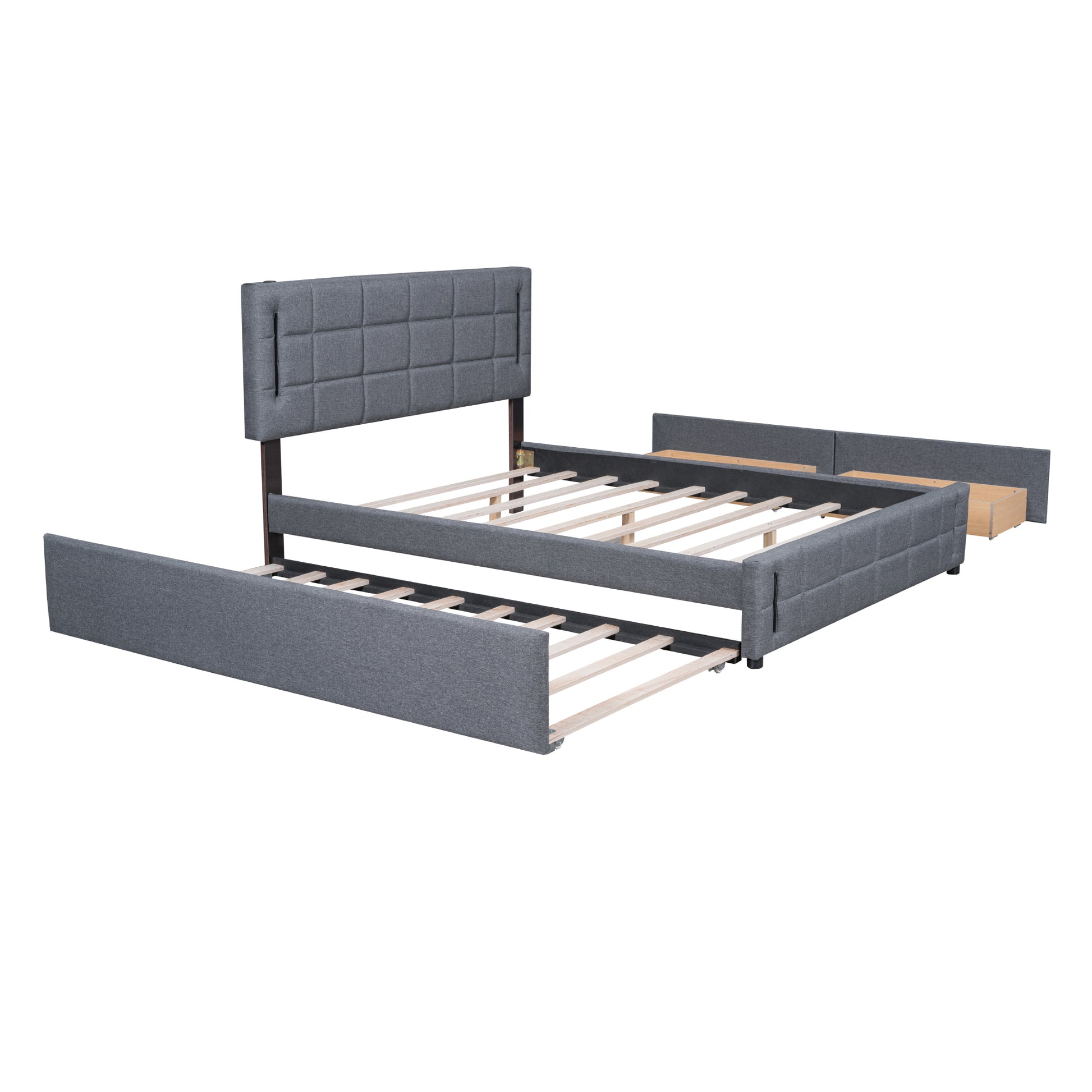 Queen Size Upholstered Platform Bed With Trundle And Drawers, Gray Queen Gray Upholstered
