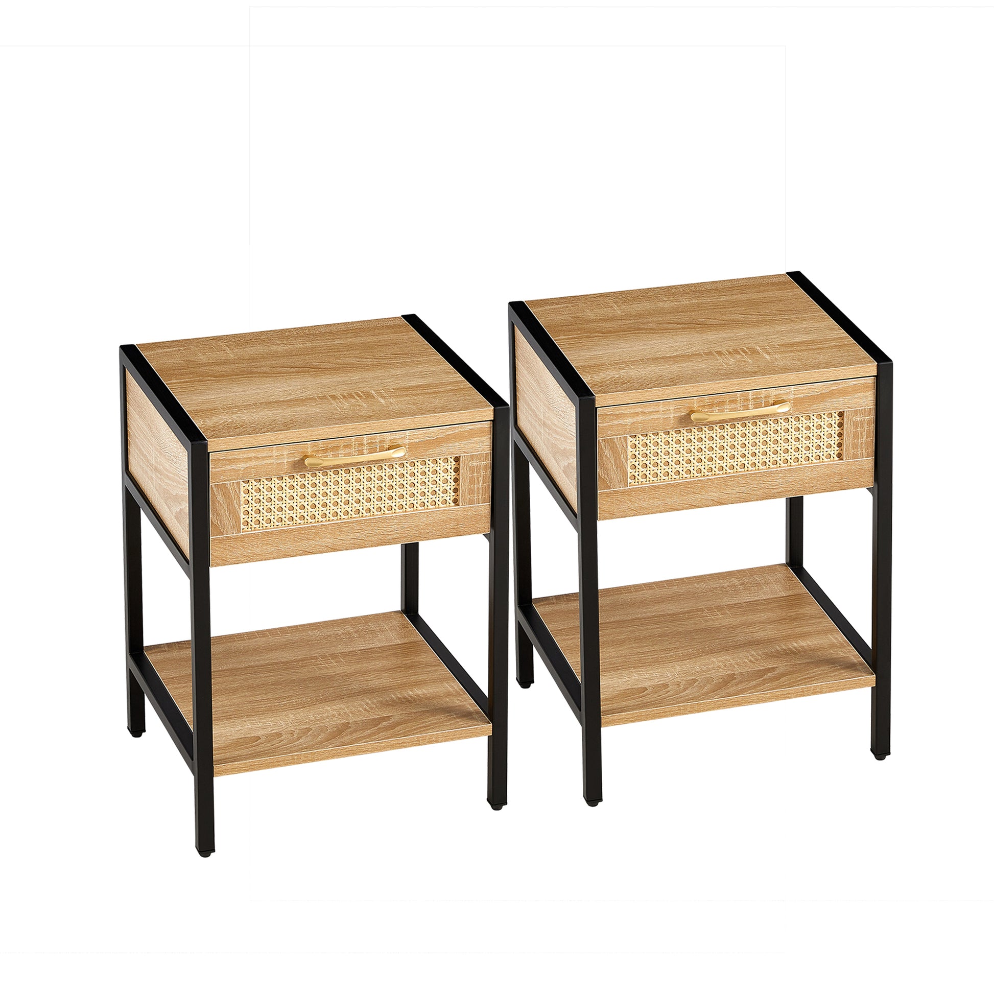 Set Of 2, 15.74" Rattan End Table With Drawer, Modern Nightstand, Metal Legs,Side Table For Living Room, Bedroom,Natural Natural Mdf Metal