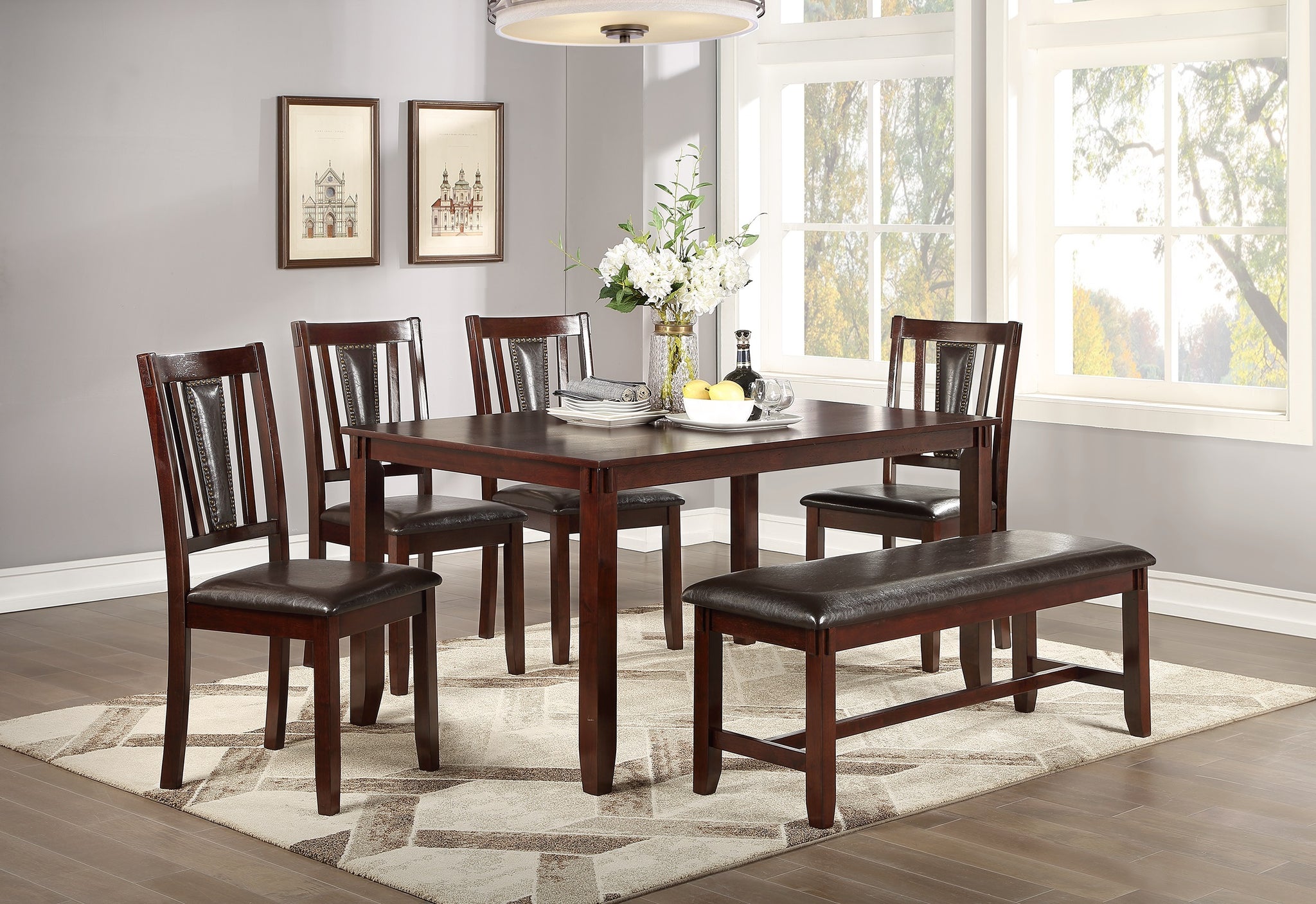 Dining Room Furniture Espresso Color 6Pc Set Dining Table 4X Side Chairs And A Bench Solid Wood Rubberwood And Veneers Espresso Wood Dining Room Solid Wood Rubberwood Rectangular Dining Table With Chair And Bench Wood Wood Espresso Seats 6 60 Inches