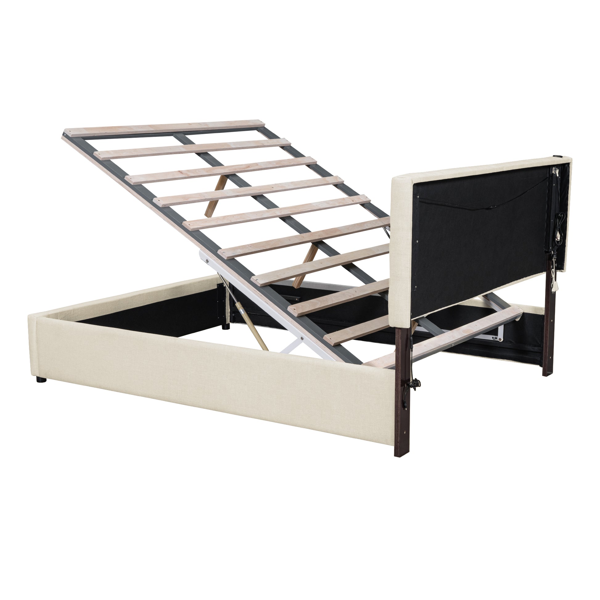 Queen Size Upholstered Bed With Hydraulic Storage System And Led Light, Beige Queen Beige Linen