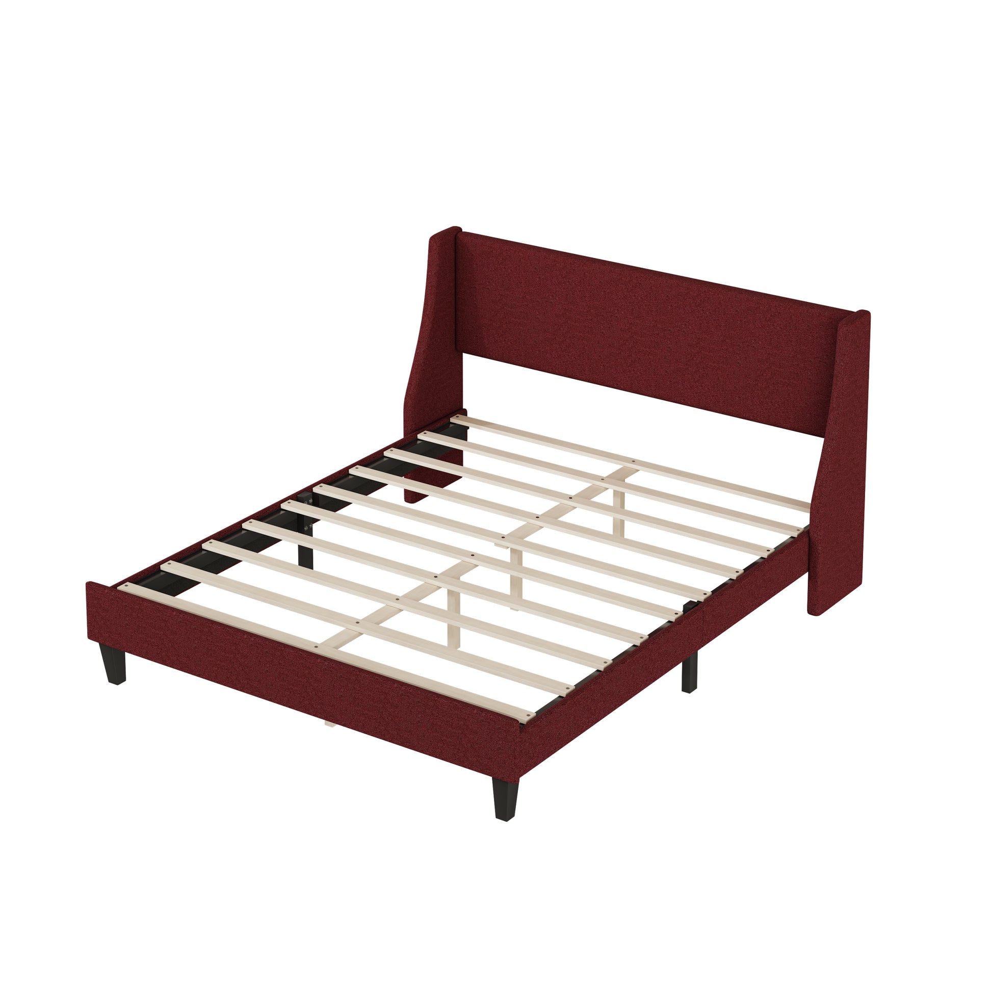 Queen Size Bedframe Upholstered Bed Frame Platform, Non Adjustable Headboard Linen Fabric Headboard Wooden Strip Support No Box Spring Easy Assembly Mattress Base, Orangequeen Queen Red Metal & Wood