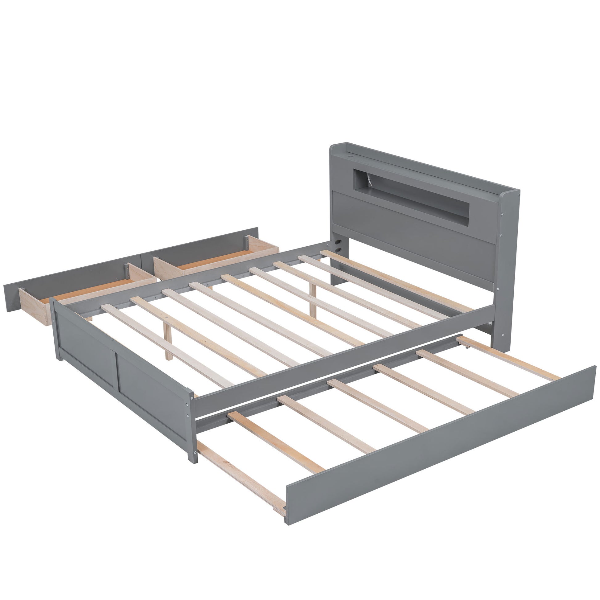Queen Size Wood Storage Platform Bed With Led, 2 Drawers And 1 Twin Size Trundle, Gray Box Spring Not Required Queen Gray Wood Bedroom Bed Frame Solid Wood Mdf
