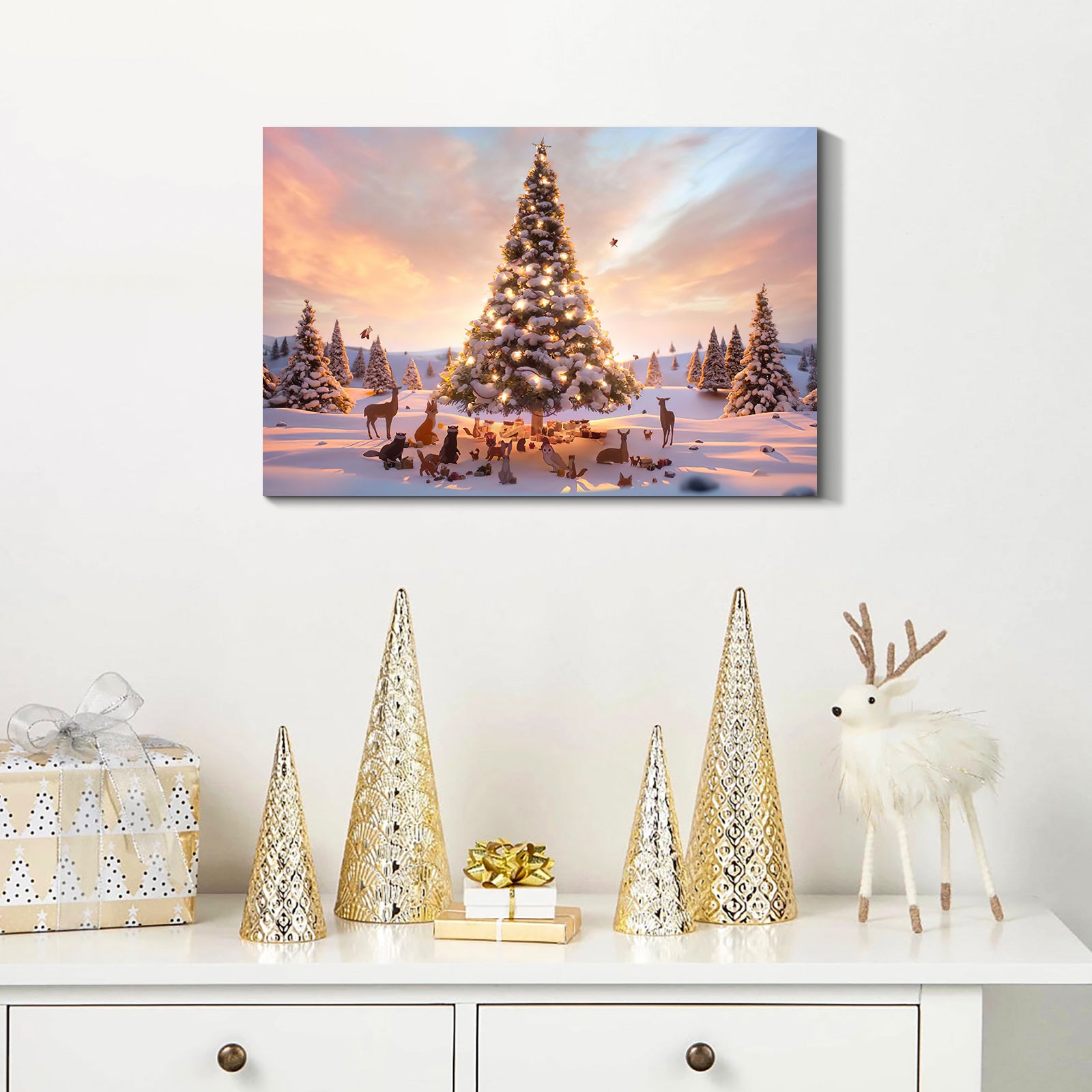Framed Canvas Wall Art Decor Painting For Chrismas, Lighted Pine Tree At Night Chrismas Gift Painting For Chrismas Gift, Decoration For Chrismas Eve Living Room, Bedroom Decor 1812In Thickness 1.5In Rectangle Framed Multicolor Christmas Oversized 41In