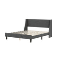 Queen Size Bed Frame Upholstered Bed Frame Platform ,Non Adjustable Headboard Linen Fabric Headboard Wooden Slats Support No Box Spring Needed Easy Assembly Mattress Foundation, Light Gray Queen Dark Gray Metal & Wood