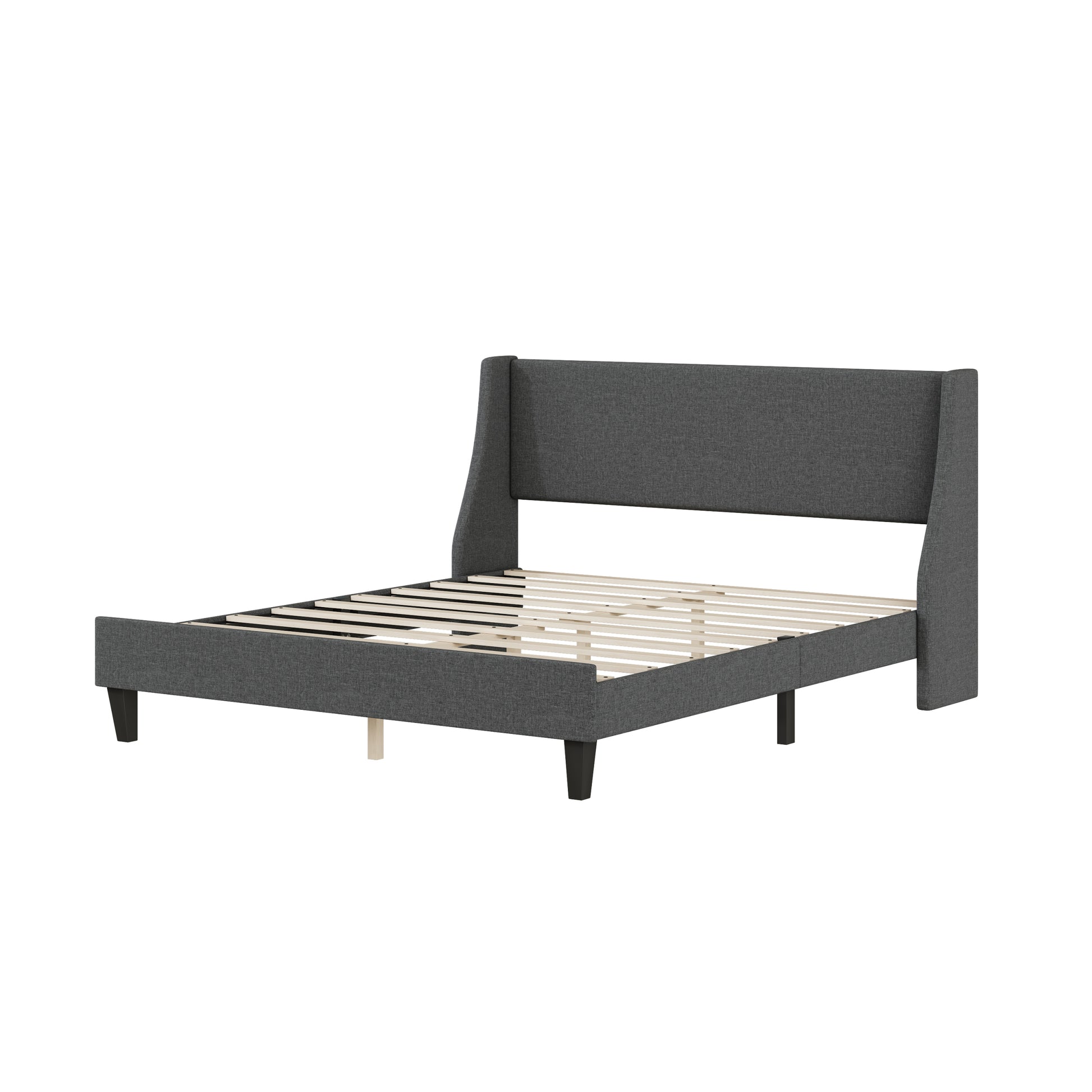 Queen Size Bed Frame Upholstered Bed Frame Platform ,Non Adjustable Headboard Linen Fabric Headboard Wooden Slats Support No Box Spring Needed Easy Assembly Mattress Foundation, Light Gray Queen Dark Gray Metal & Wood