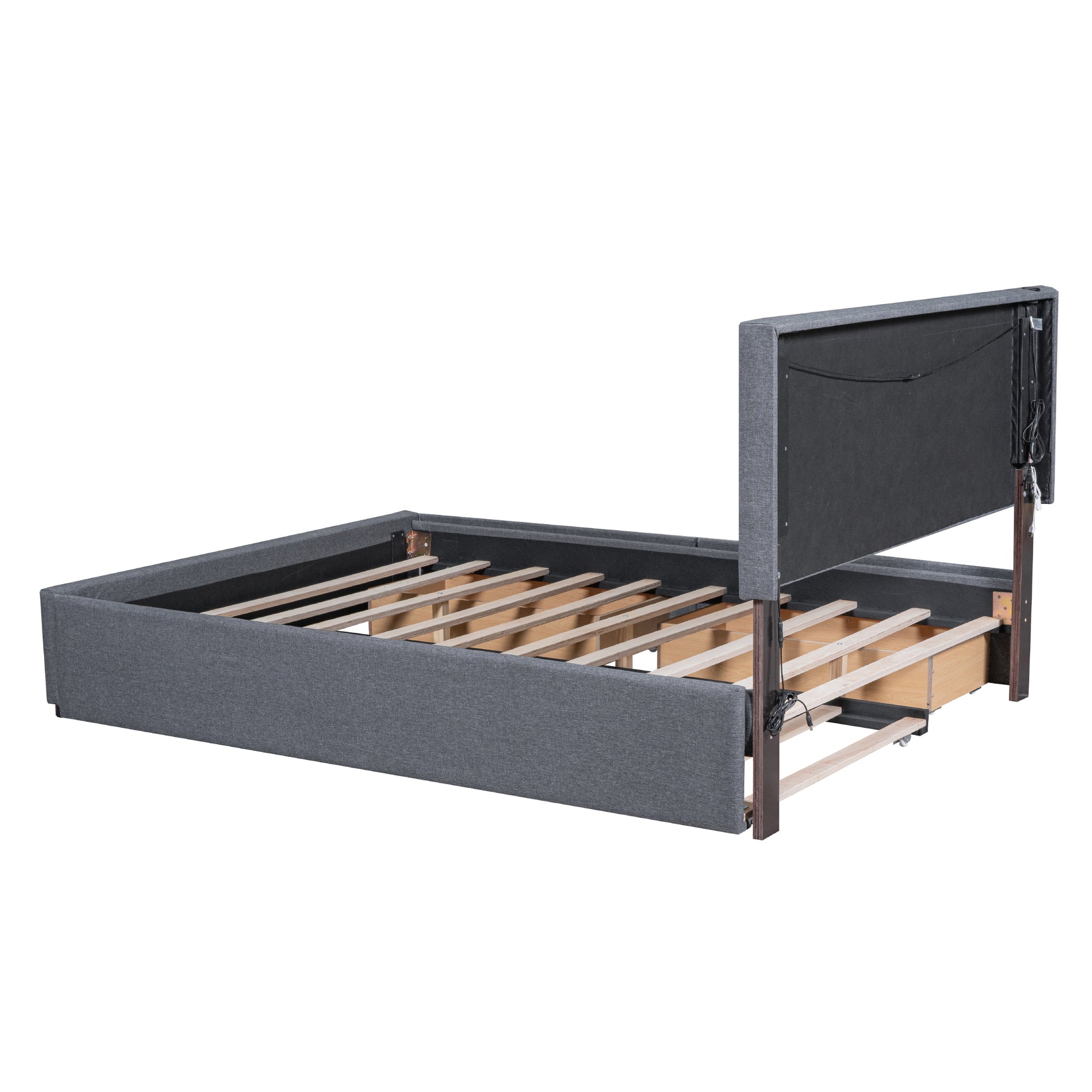 Queen Size Upholstered Platform Bed With Trundle And Drawers, Gray Queen Gray Upholstered