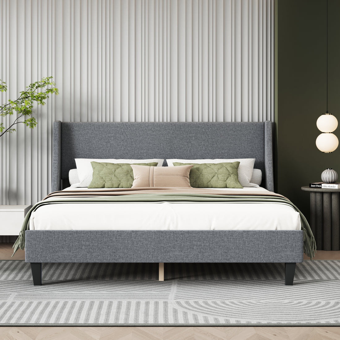 Queen Size Bed Frame Upholstered Bed Frame Platform,Non Adjustable Headboard Linen Fabric Headboard Wooden Slats Support No Box Spring Needed Easy Assembly Mattress Foundation, Light Gray Queen Light Gray Metal & Wood