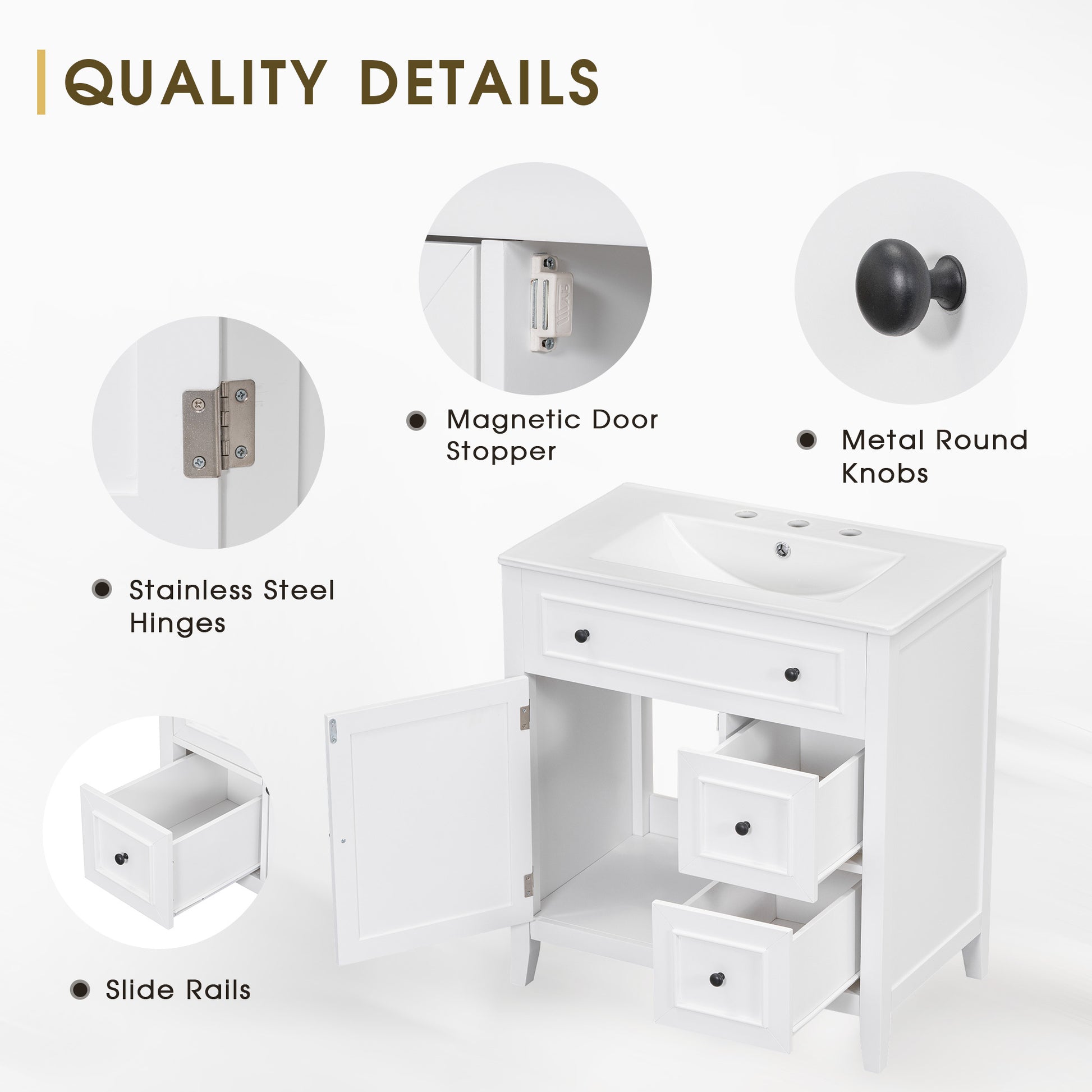 30" Bathroom Vanity With Sink Top, Bathroom Vanity Cabinet With Door And Two Drawers, Solid Wood Frame, One Package, White Old Sku:Wf311620Aak White Solid Wood Mdf