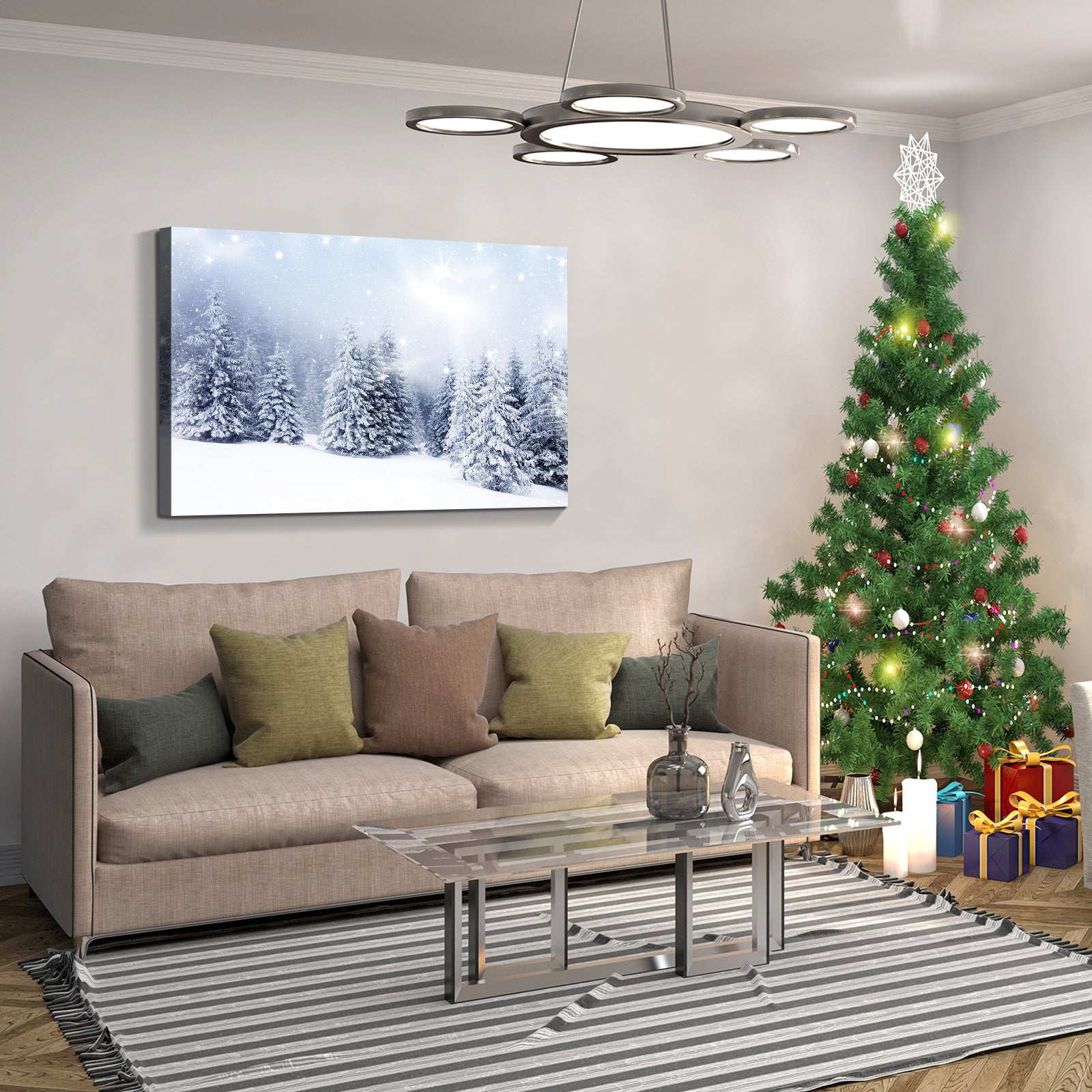 Framed Canvas Wall Art Decor Painting For Chrismas, Winter Pine Forest Chrismas Gift Painting For Chrismas Gift, Decoration For Chrismas Eve Living Room, Bedroom Decor 4028In Thickness 1.5Inch Rectangle Framed Multicolor Christmas Oversized 41In Canvas