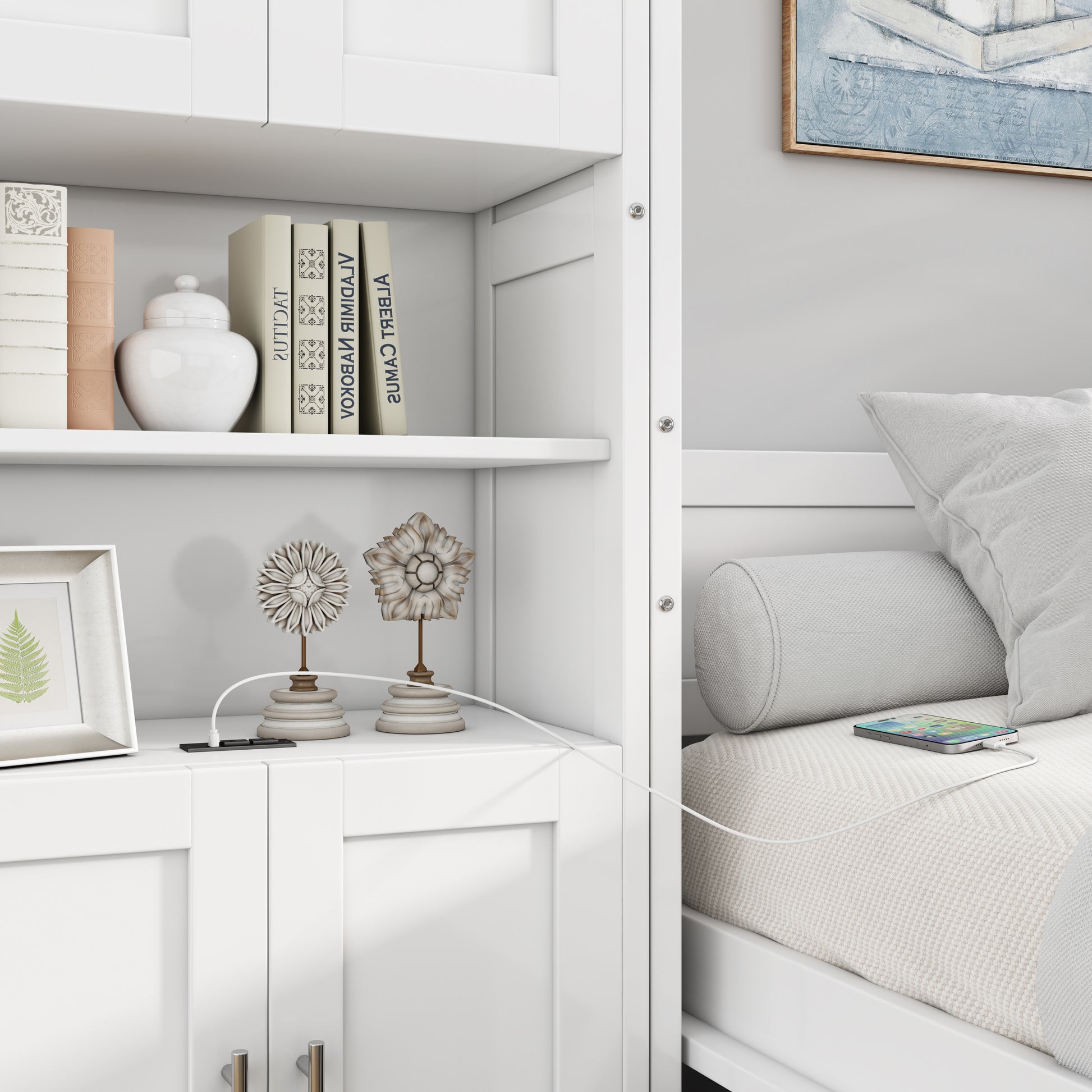 Queen Size Murphy Bed With 1 Side Cabinet Storage Shelf, 68 Inch Cabinet Bed Folding Wall Bed With Desk Combo Perfect For Guest Room, Study, Office,White Old Sku:Bs300491Aac Box Spring Not Required Queen Antique Grey White Wood White Pine Murphy Solid