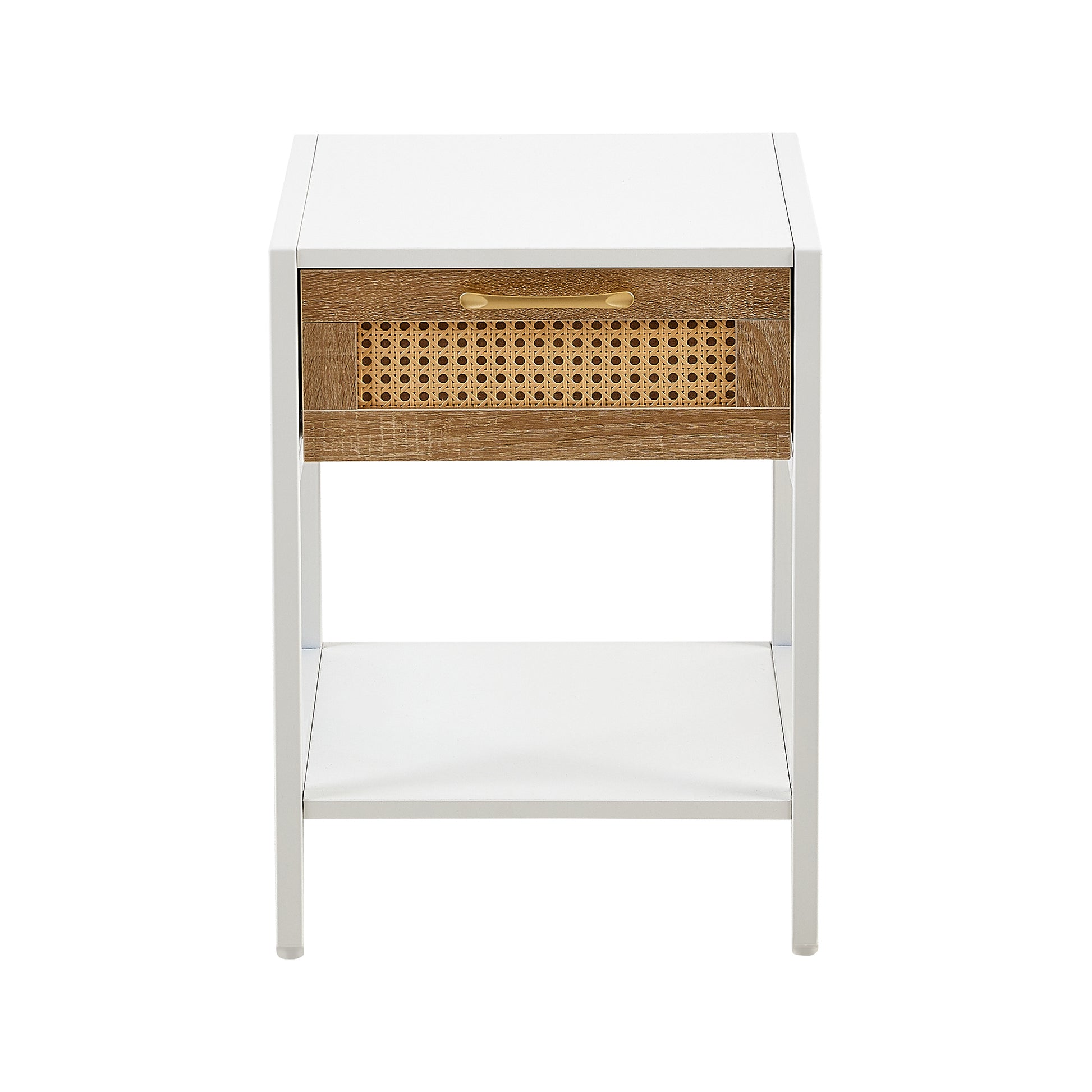 Set Of 2, 15.74" Rattan End Table With Drawer, Modern Nightstand, Metal Legs,Side Table For Living Room, Bedroom,White White Mdf Metal