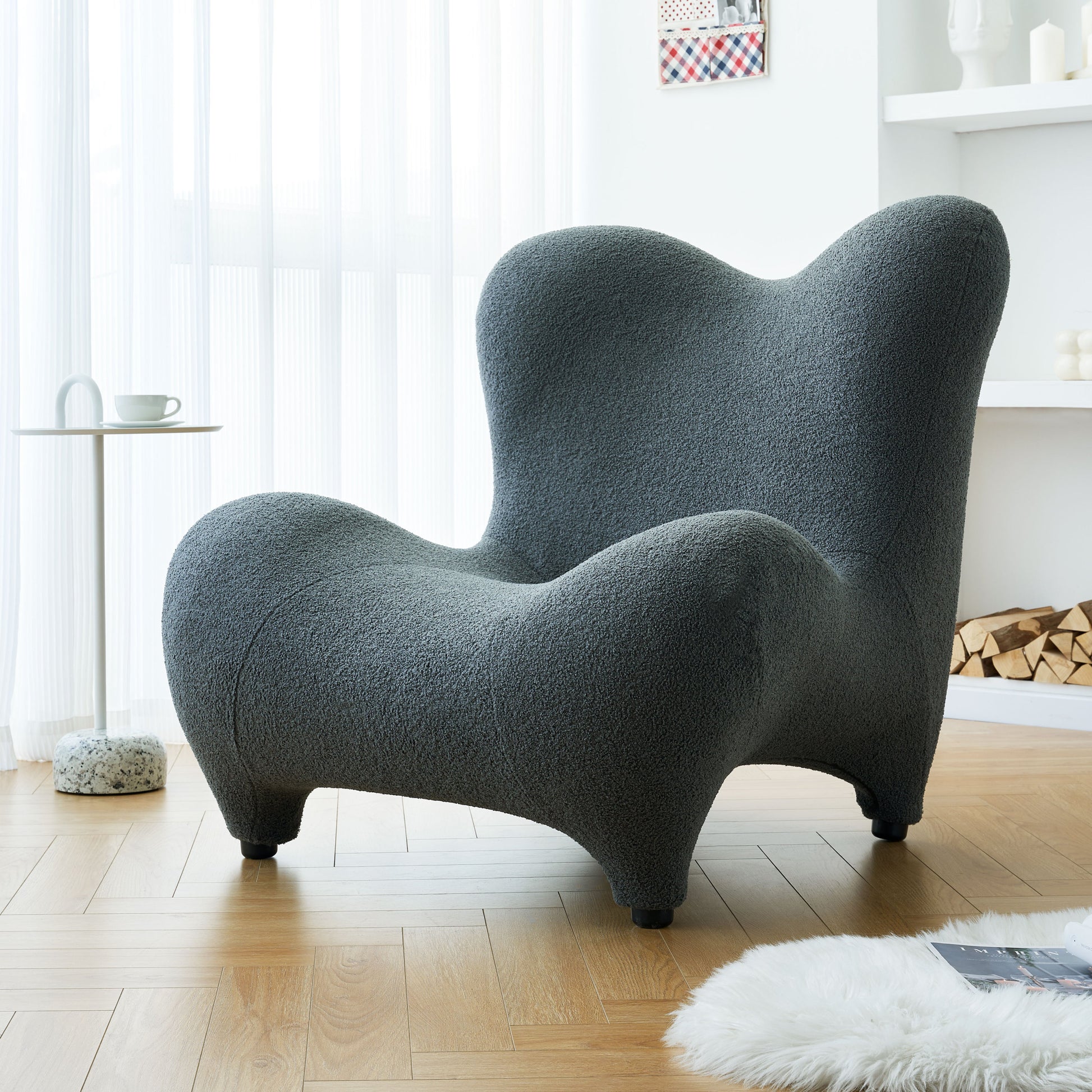 Modern Accent Chair And Ottoman Set, High Back Sherpa Blouce Fabric Armchair With Footstool For Living Room, Lounge, Bedroom, Reading Room, Office Gray Foam