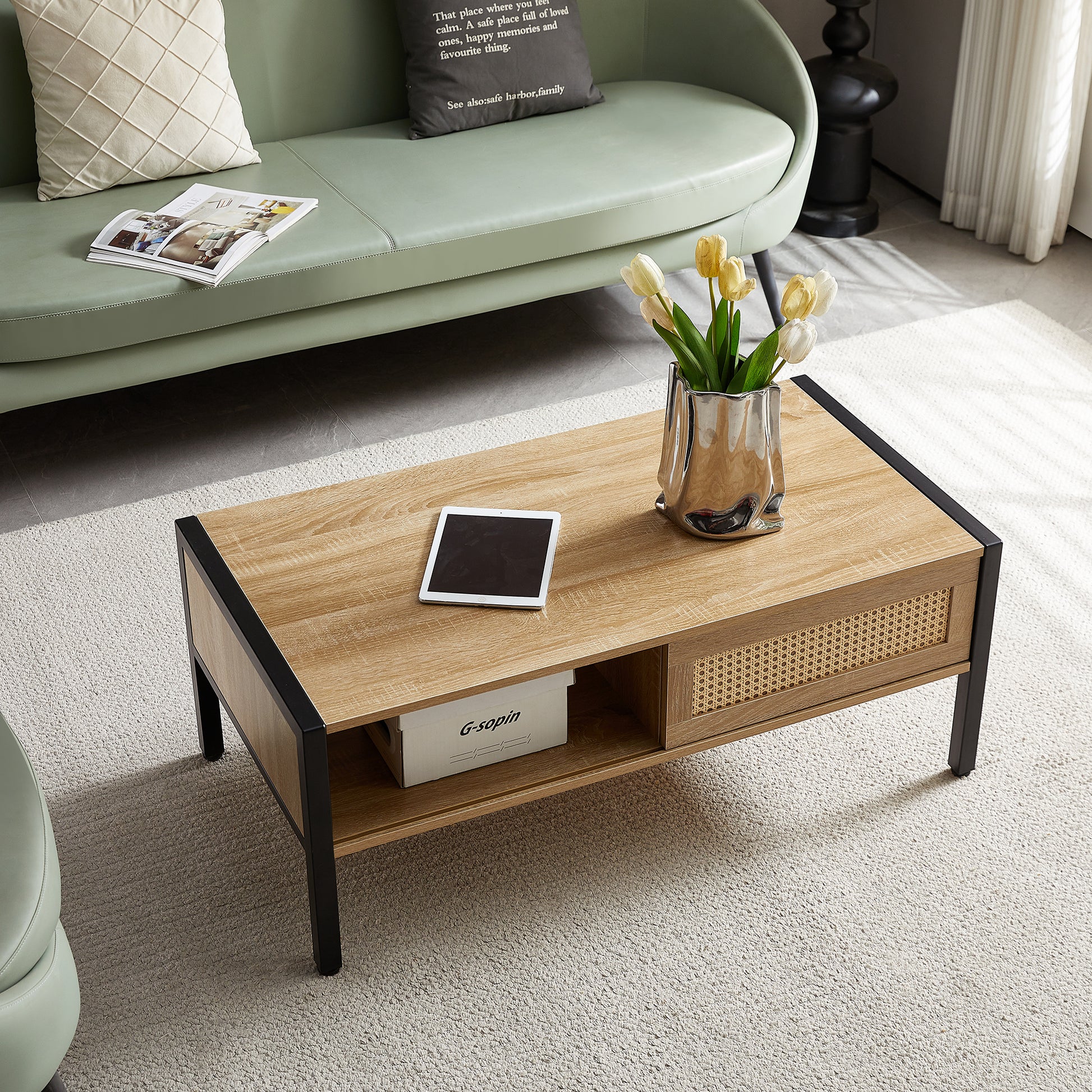 40.16" Rattan Coffee Table, Sliding Door For Storage, Metal Legs, Modern Table For Living Roomnatural Natural Mdf Metal
