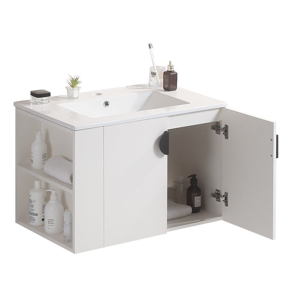 30" Bathroom Vanity With Sink,With Two Doors Cabinet Bathroom Vanity Set With Side Left Open Storage Shelf,Solid Wood,Excluding Faucets,White White Solid Wood