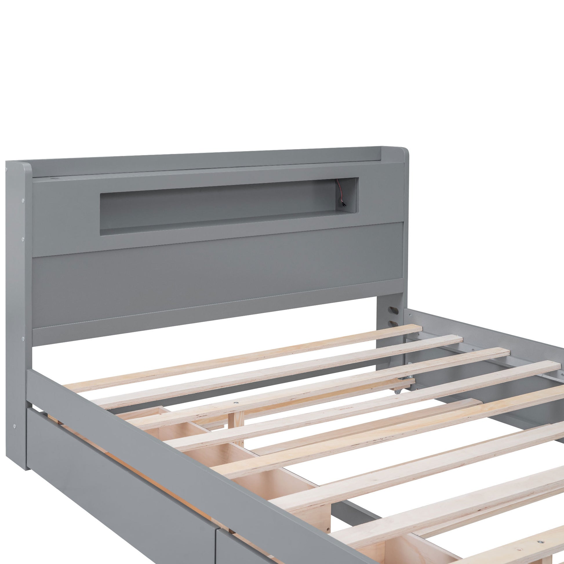 Queen Size Wood Storage Platform Bed With Led, 2 Drawers And 1 Twin Size Trundle, Gray Box Spring Not Required Queen Gray Wood Bedroom Bed Frame Solid Wood Mdf