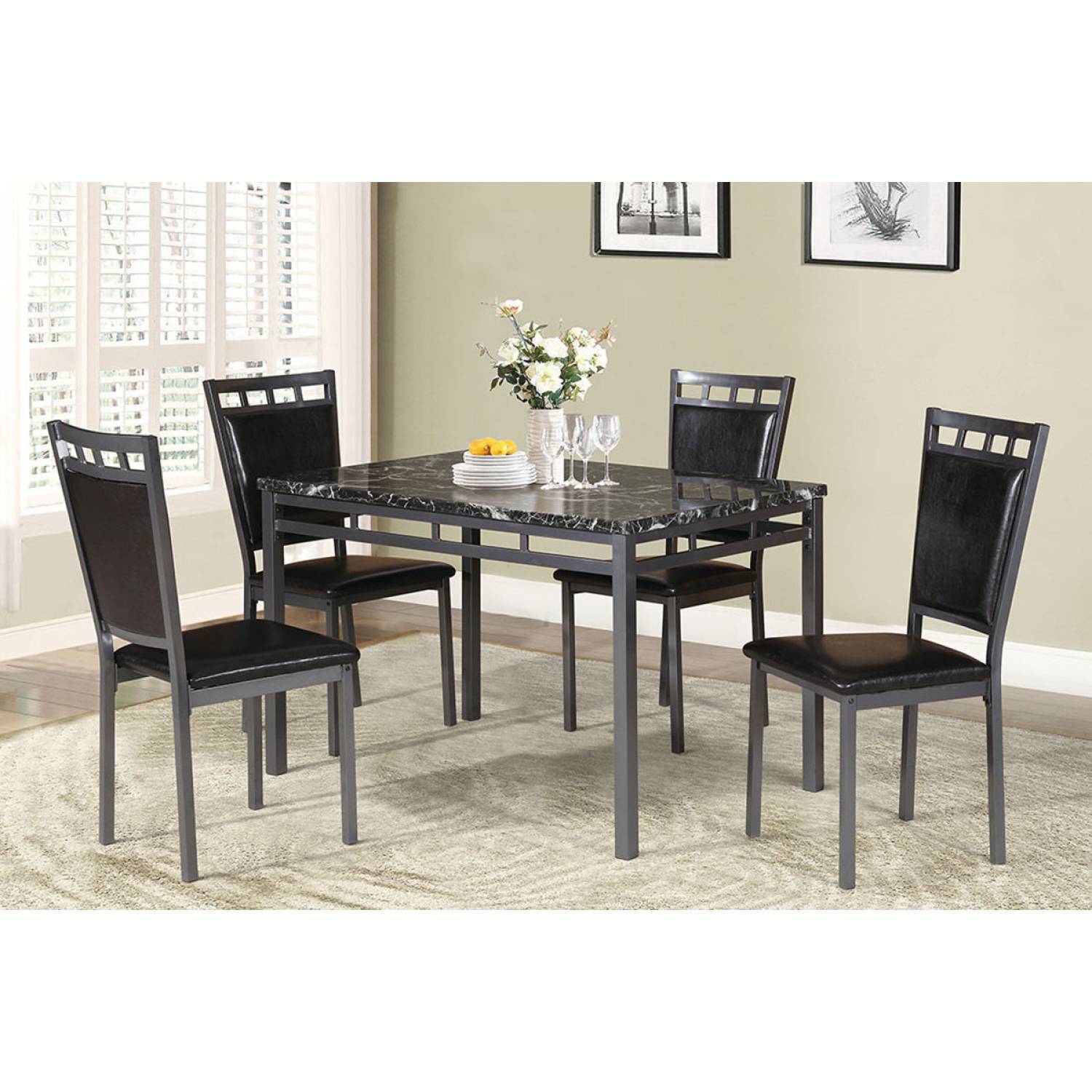 Dining Room Furniture 5Pc Dining Set Table And 4X Chairs Faux Marble Top Table Espresso Pu Upholstered Chairs Kitchen Dinette Espresso Seats 4 Metal Dining Room 48 Inches Casual,Contemporary,Modern 4 Leg Rectangular Dining Table With Chair Pu