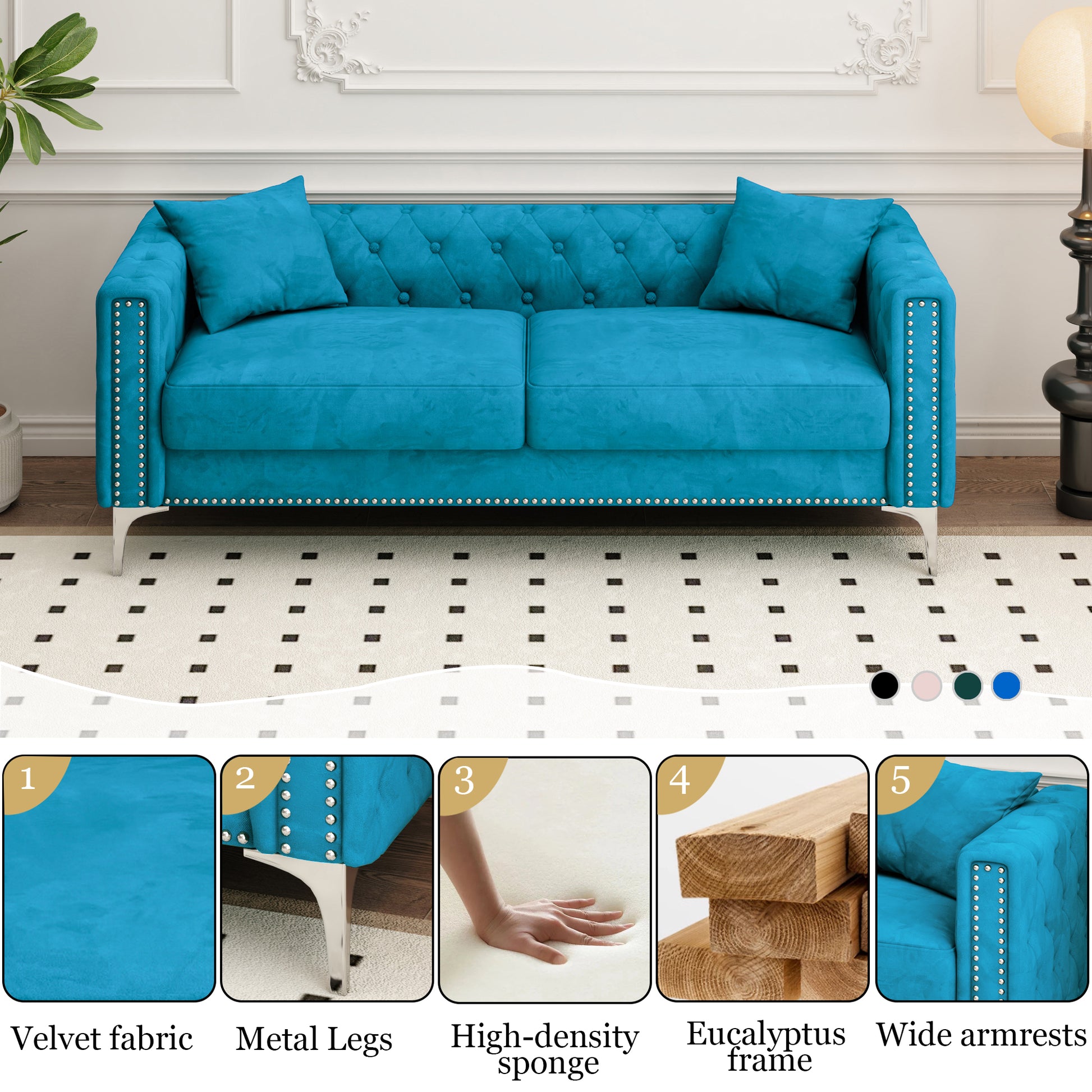 Sofa Includes 2 Pillows, 83 "Blue Velvet Triple Sofa, Suitable For Large And Small Spaces Blue Velvet