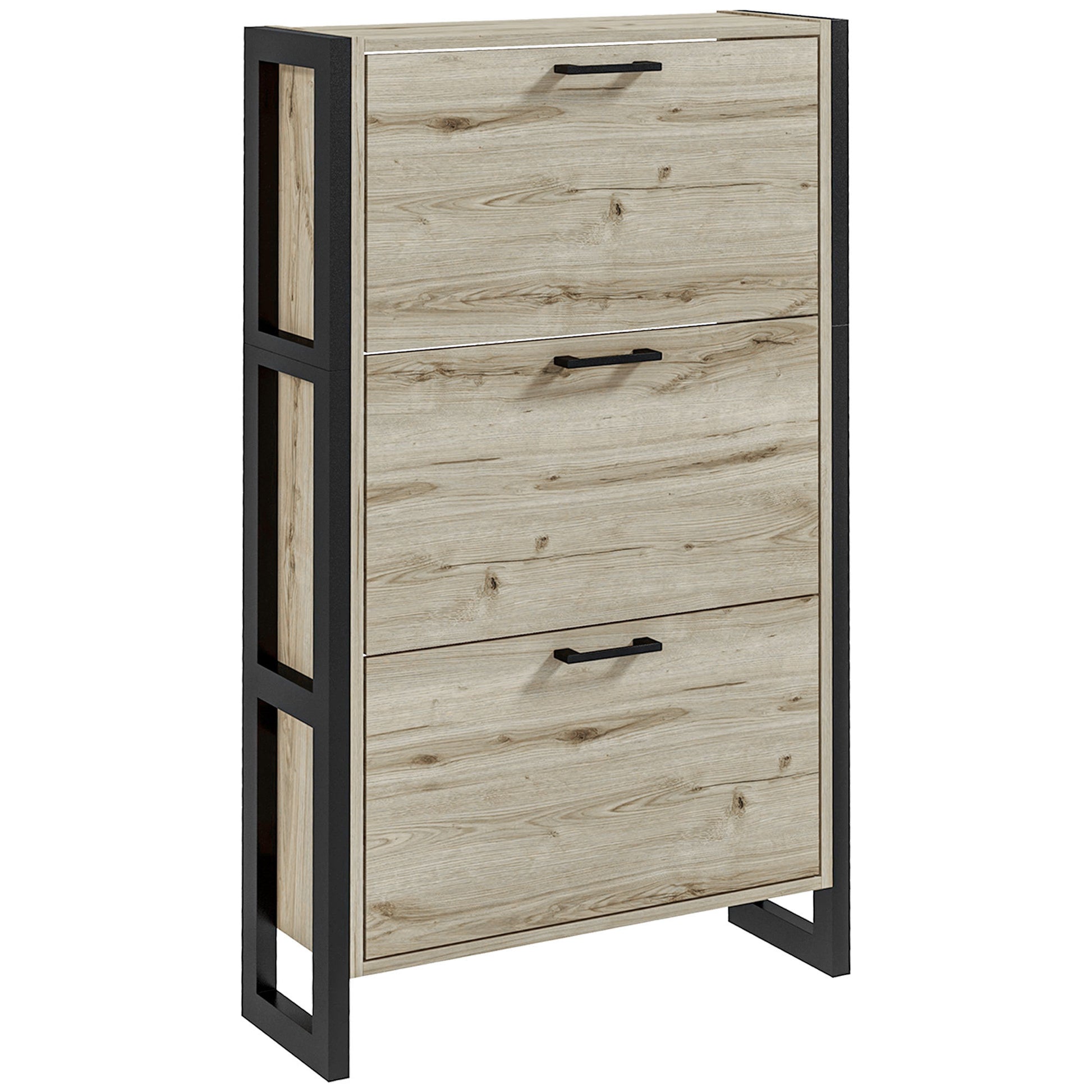 Industrial Shoe Cabinet With 3 Flip Drawers, Freestanding Shoe Storage Cabinet For 15 Pairs, Narrow Slim Shoe Rack For Entryway, Hallway, Walnut Walnut Mdf