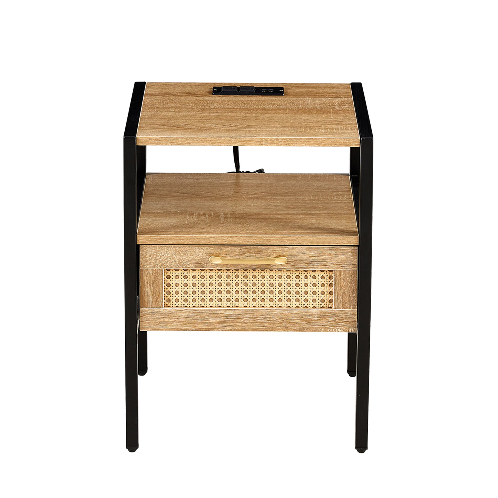 15.75" Rattan End Table With Power Outlet & Usb Portsmodern Nightstand With Drawer And Metal Legs, Side Table For Living Room, Bedroom,Natural 1 Pc Natural Mdf Metal
