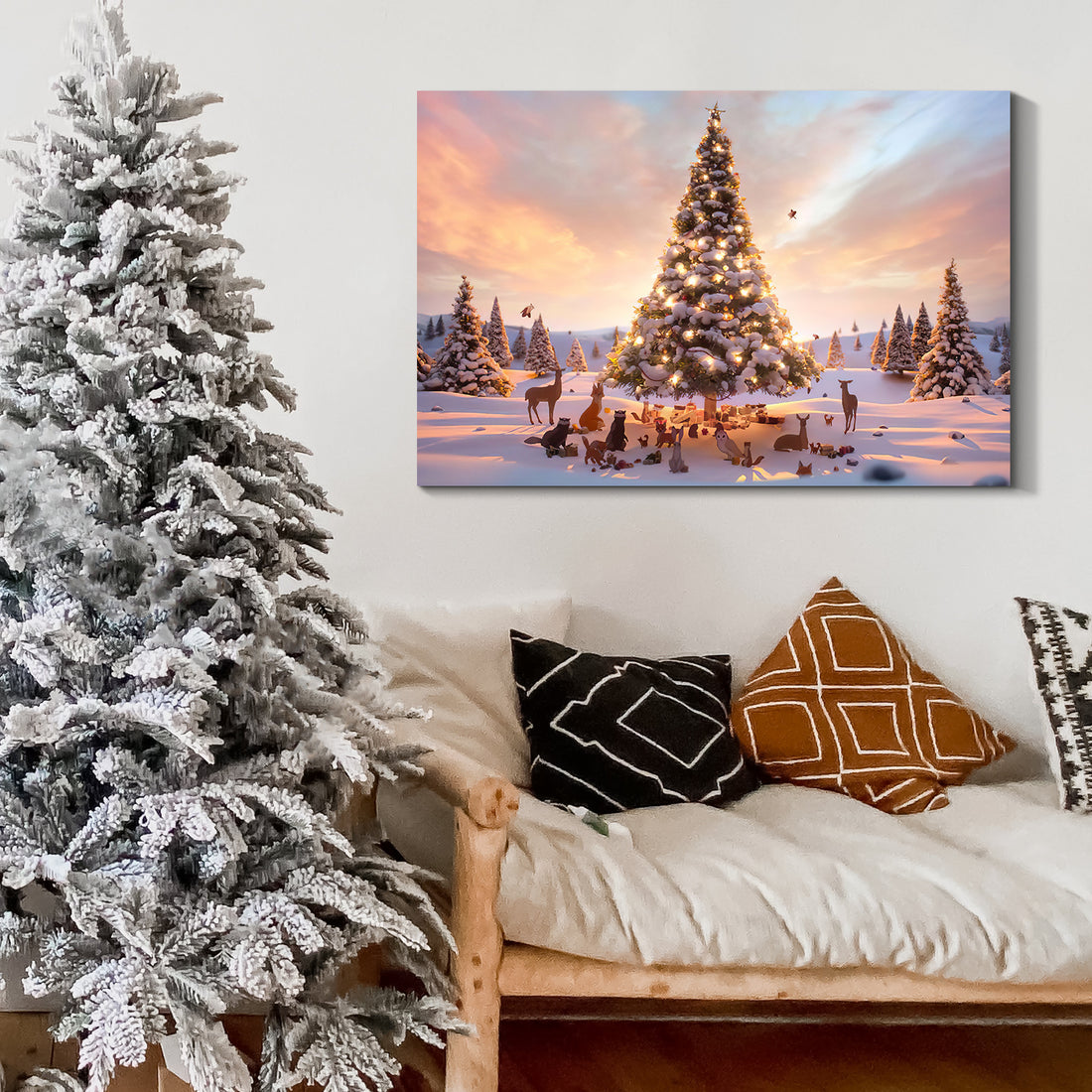 Framed Canvas Wall Art Decor Painting For Chrismas, Lighted Pine Tree At Night Chrismas Gift Painting For Chrismas Gift, Decoration For Chrismas Eve Living Room, Bedroom Decor 1812In Thickness 1.5In Rectangle Framed Multicolor Christmas Oversized 41In