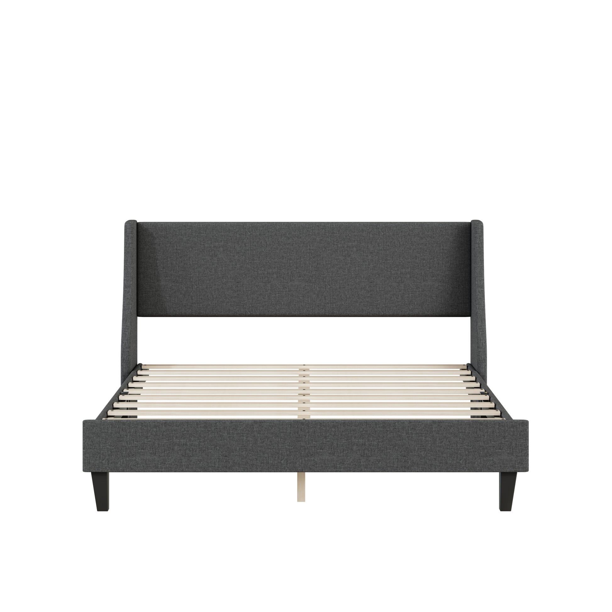 Queen Size Bed Frame Upholstered Bed Frame Platform ,Non Adjustable Headboard Linen Fabric Headboard Wooden Slats Support No Box Spring Needed Easy Assembly Mattress Foundation, Light Gray Queen Dark Gray Metal & Wood