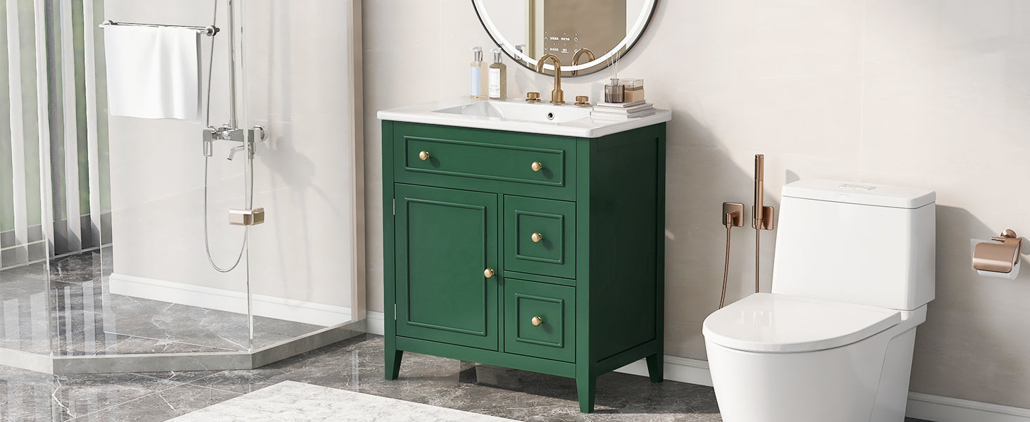 30" Bathroom Vanity With Sink Top, Bathroom Vanity Cabinet With Door And Two Drawers, Solid Wood Frame, One Package, Green Old Sku:Wf311620Aag Green Solid Wood Mdf