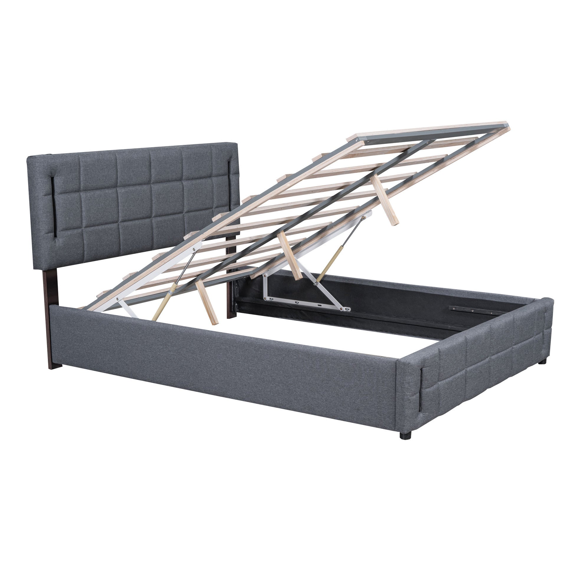 Full Size Upholstered Bed With Hydraulic Storage System And Led Light, Gray Full Gray Linen