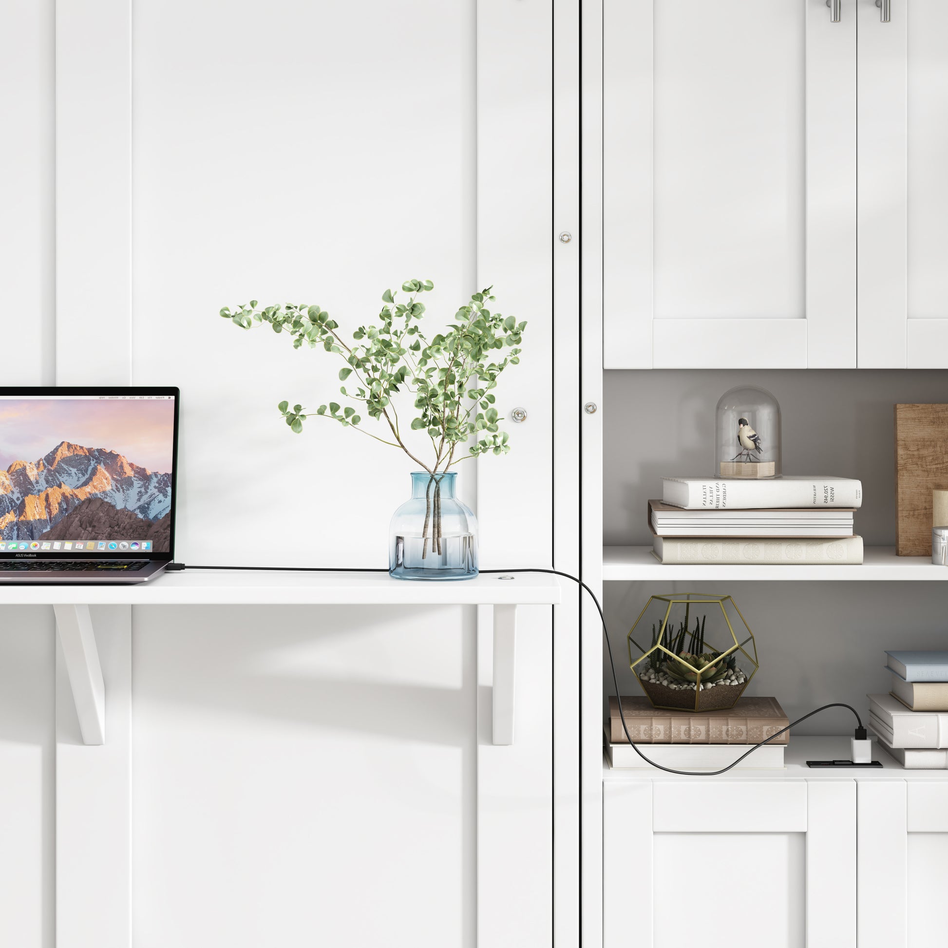Queen Size Murphy Bed With 1 Side Cabinet Storage Shelf, 68 Inch Cabinet Bed Folding Wall Bed With Desk Combo Perfect For Guest Room, Study, Office,White Old Sku:Bs300491Aac Box Spring Not Required Queen Antique Grey White Wood White Pine Murphy Solid