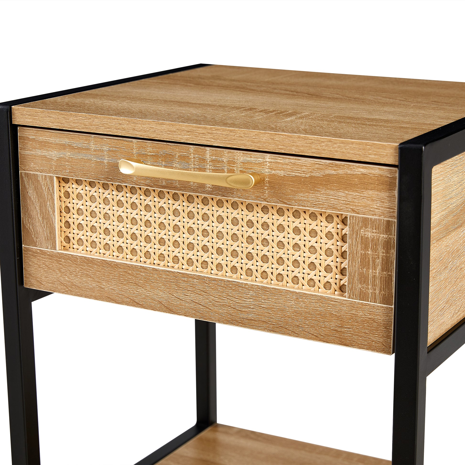 Set Of 2, 15.74" Rattan End Table With Drawer, Modern Nightstand, Metal Legs,Side Table For Living Room, Bedroom,Natural Natural Mdf Metal