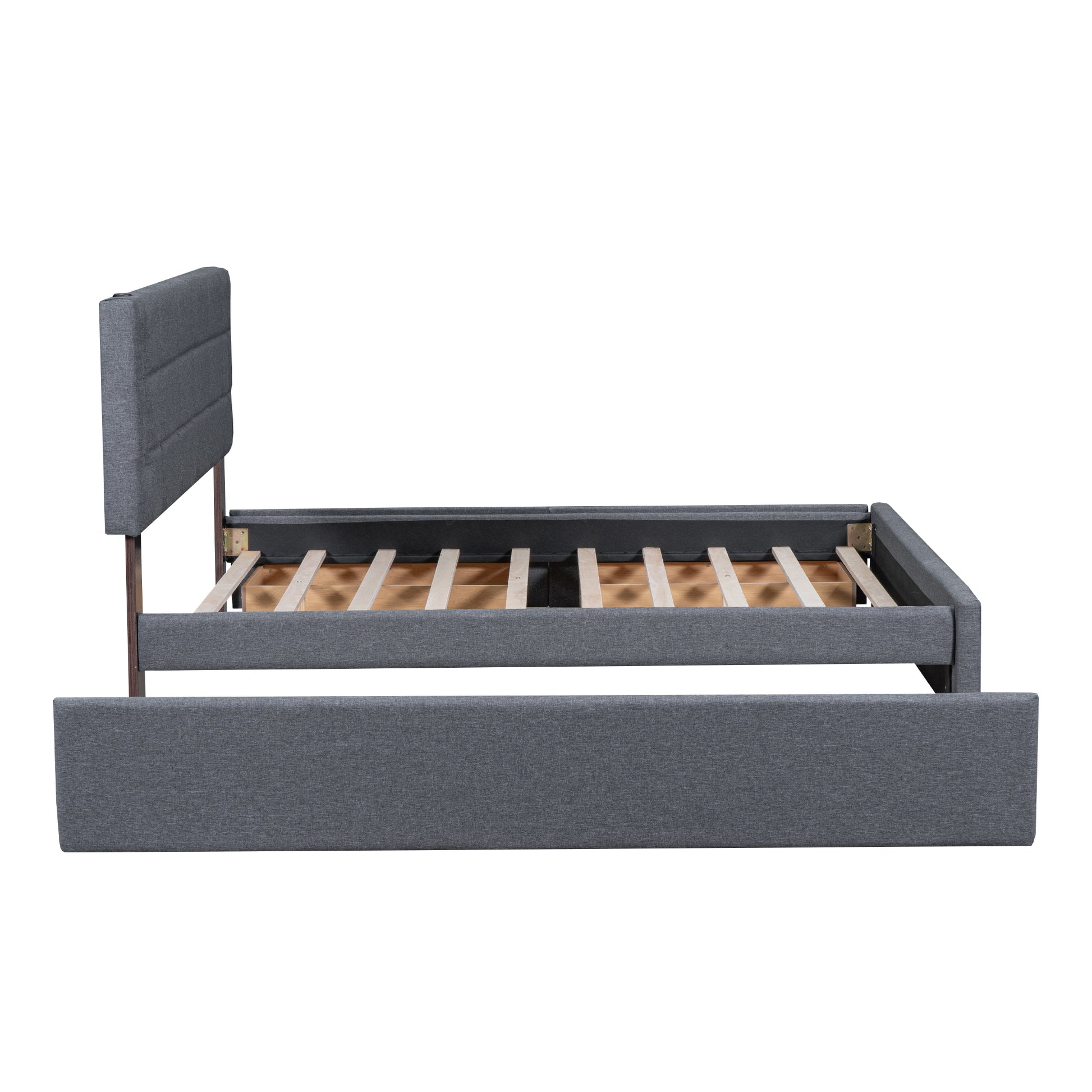 Queen Size Upholstered Platform Bed With Trundle And Drawers, Gray Queen Gray Upholstered