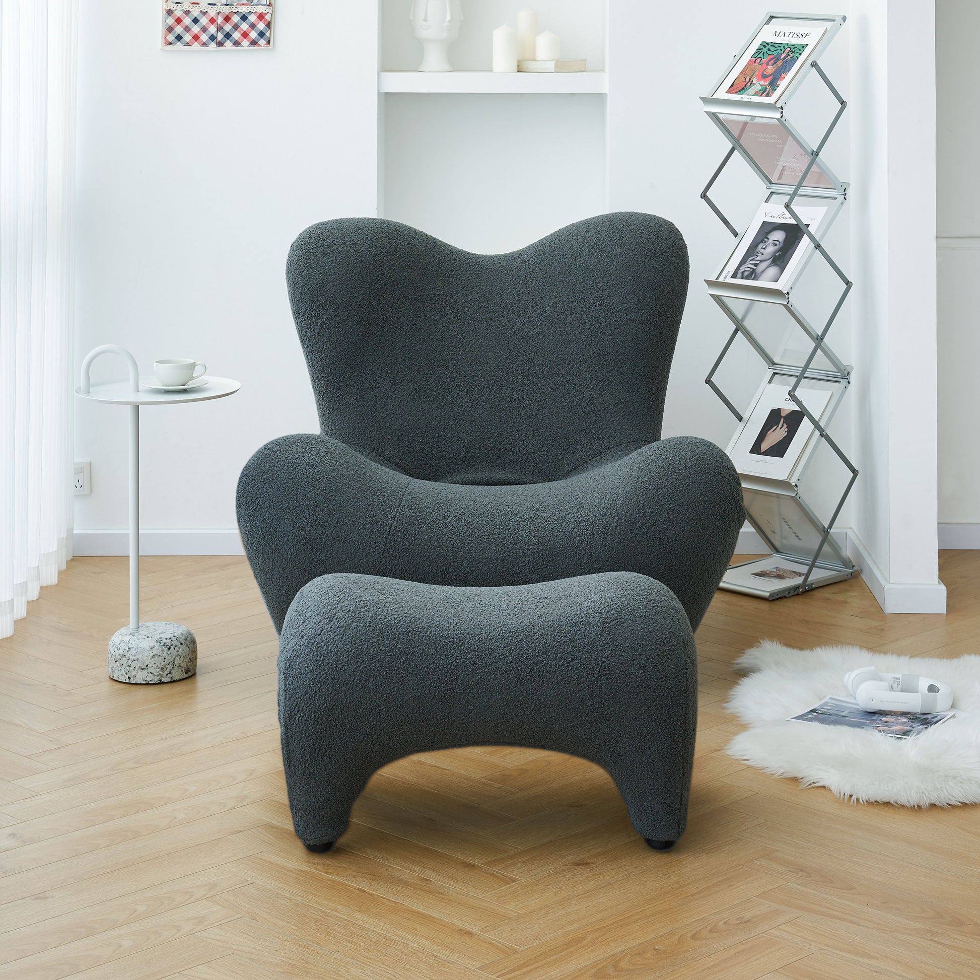 Modern Accent Chair And Ottoman Set, High Back Sherpa Blouce Fabric Armchair With Footstool For Living Room, Lounge, Bedroom, Reading Room, Office Gray Foam