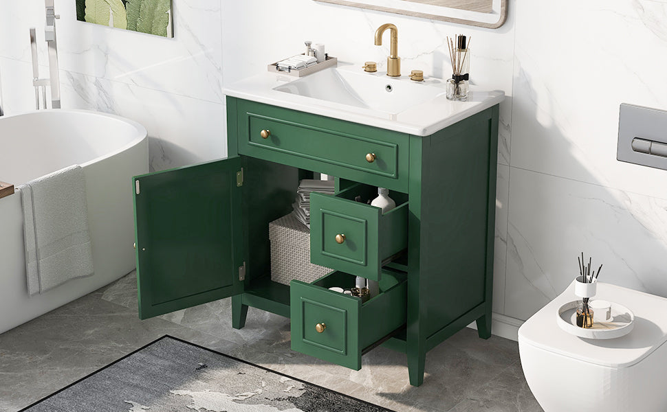 30" Bathroom Vanity With Sink Top, Bathroom Vanity Cabinet With Door And Two Drawers, Solid Wood Frame, One Package, Green Old Sku:Wf311620Aag Green Solid Wood Mdf