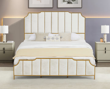 King Size Bed Frame,Upholstered Platform Bed & High Headboard With Wood Slat Support,No Box Spring Needed,Easy Assembly, Velvet White Box Spring Not Required King White Metal Bedroom Bed Frame Velvet Metal