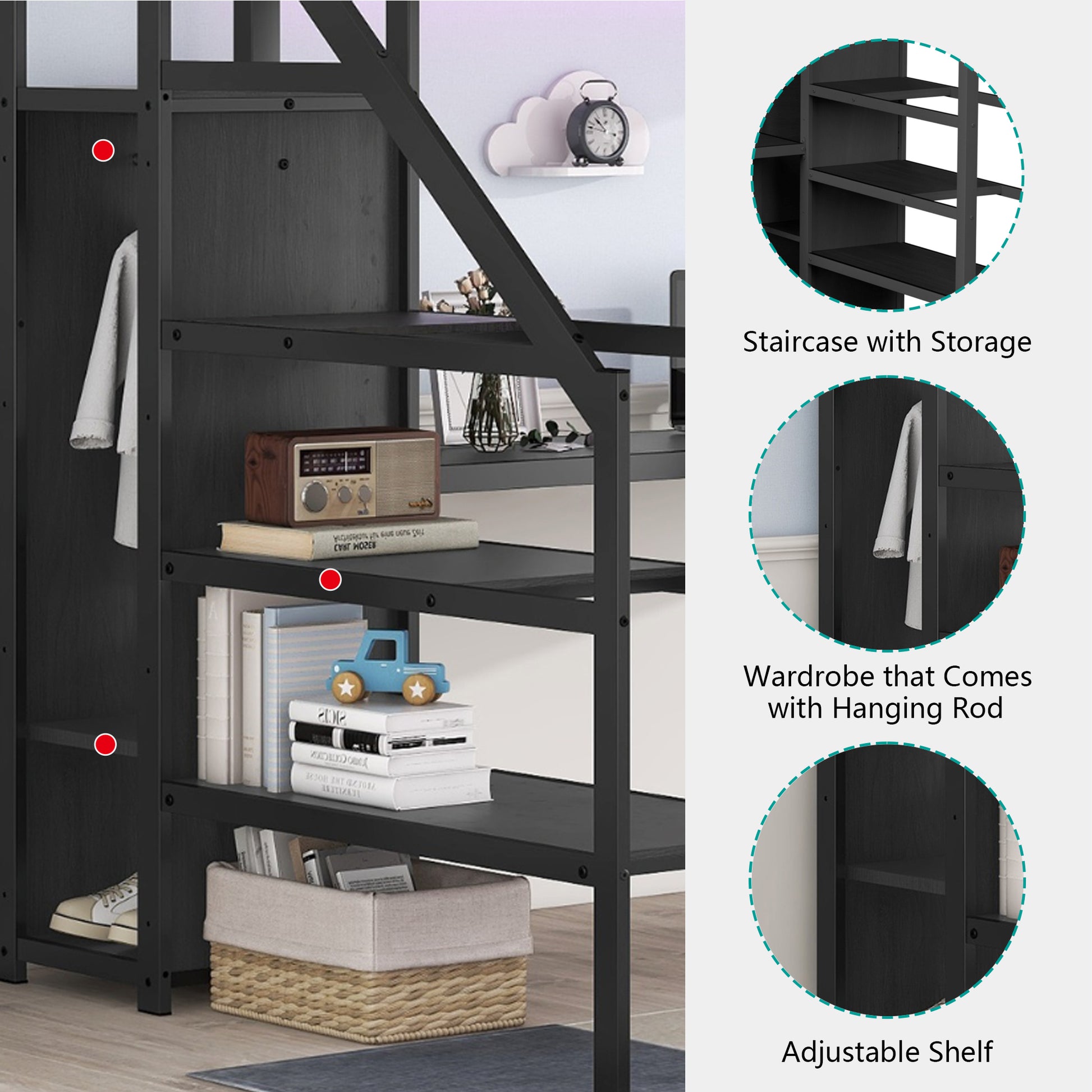 Full Size Loft Bed With L Shaped Desk And Usb, Metal Loft Bed With Wardrobe And Adjustable Shelf, High Loft Bed With Led For Kids Teens Adults, Black Black Metal