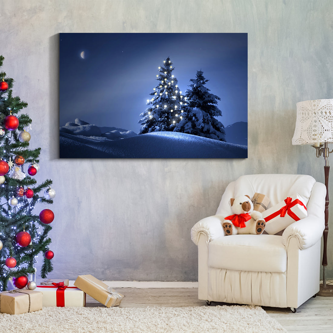 Framed Canvas Wall Art Decor Painting For Chrismas, Lighted Pine Tree At Night Chrismas Gift Painting For Chrismas Gift, Decoration For Chrismas Eve Office Living Room, Bedroom Decor Ready To Han Rectangle Framed Multicolor Christmas Oversized 41In