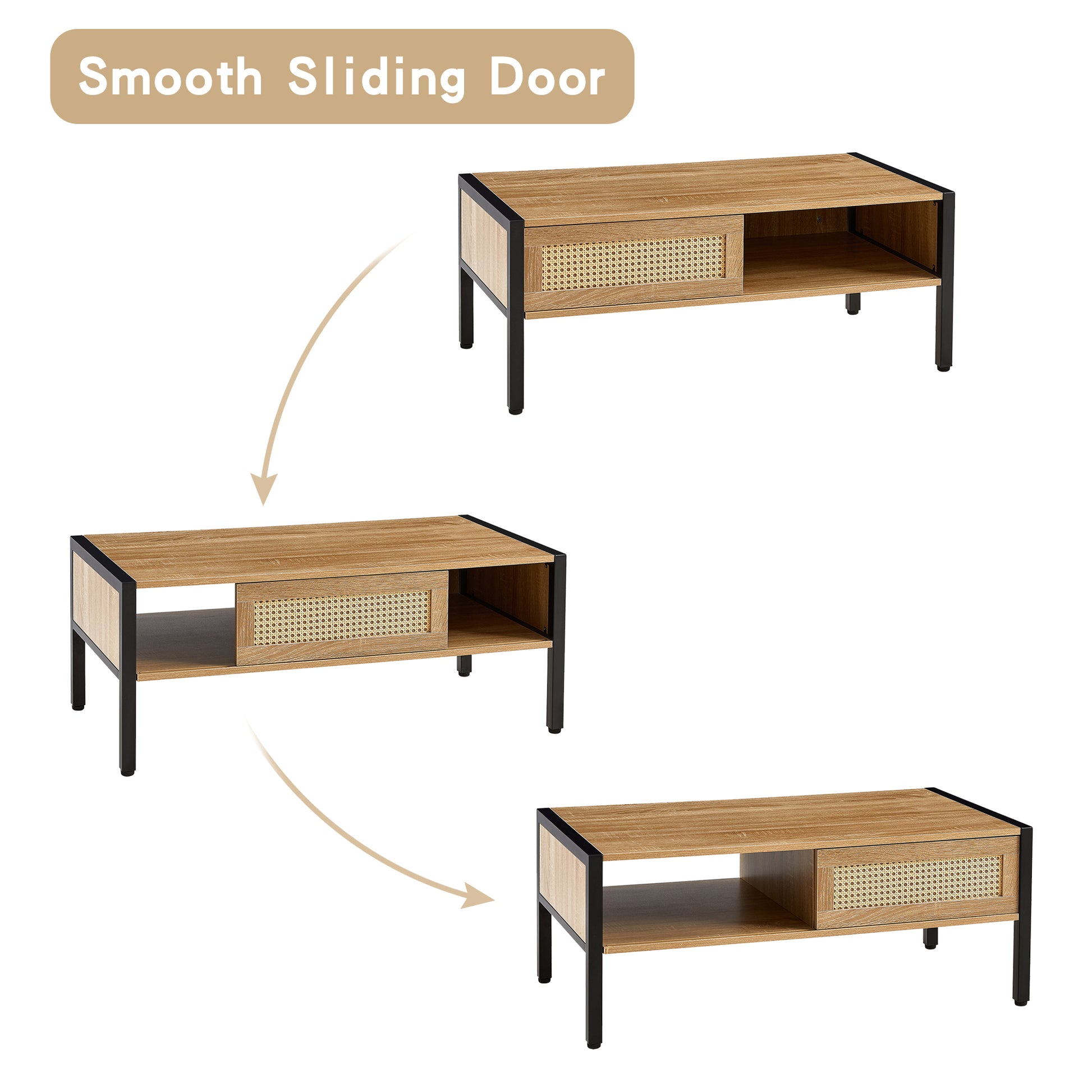 40.16" Rattan Coffee Table, Sliding Door For Storage, Metal Legs, Modern Table For Living Roomnatural Natural Mdf Metal