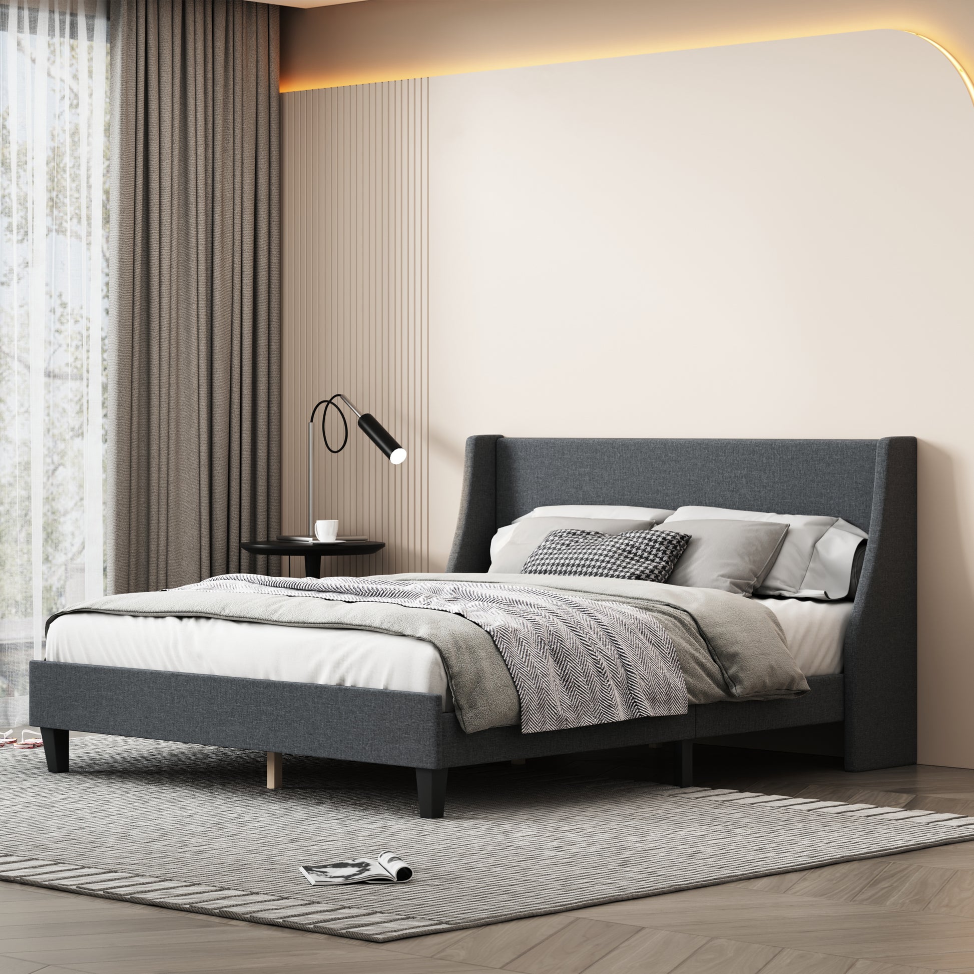 Queen Size Bed Frame Upholstered Bed Frame Platform ,Non Adjustable Headboard Linen Fabric Headboard Wooden Slats Support No Box Spring Needed Easy Assembly Mattress Foundation, Light Gray Queen Dark Gray Metal & Wood