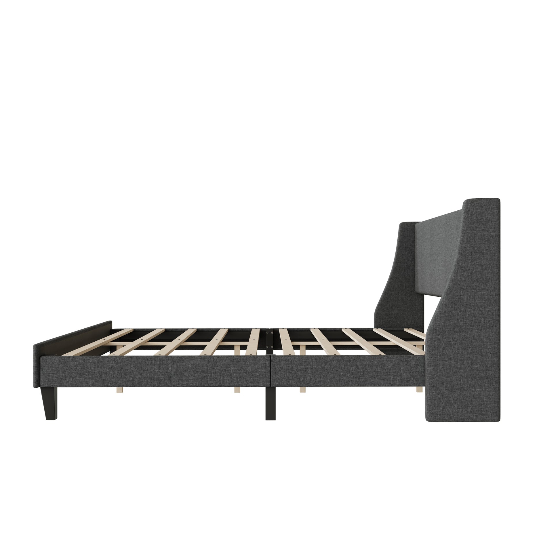 Queen Size Bed Frame Upholstered Bed Frame Platform ,Non Adjustable Headboard Linen Fabric Headboard Wooden Slats Support No Box Spring Needed Easy Assembly Mattress Foundation, Light Gray Queen Dark Gray Metal & Wood