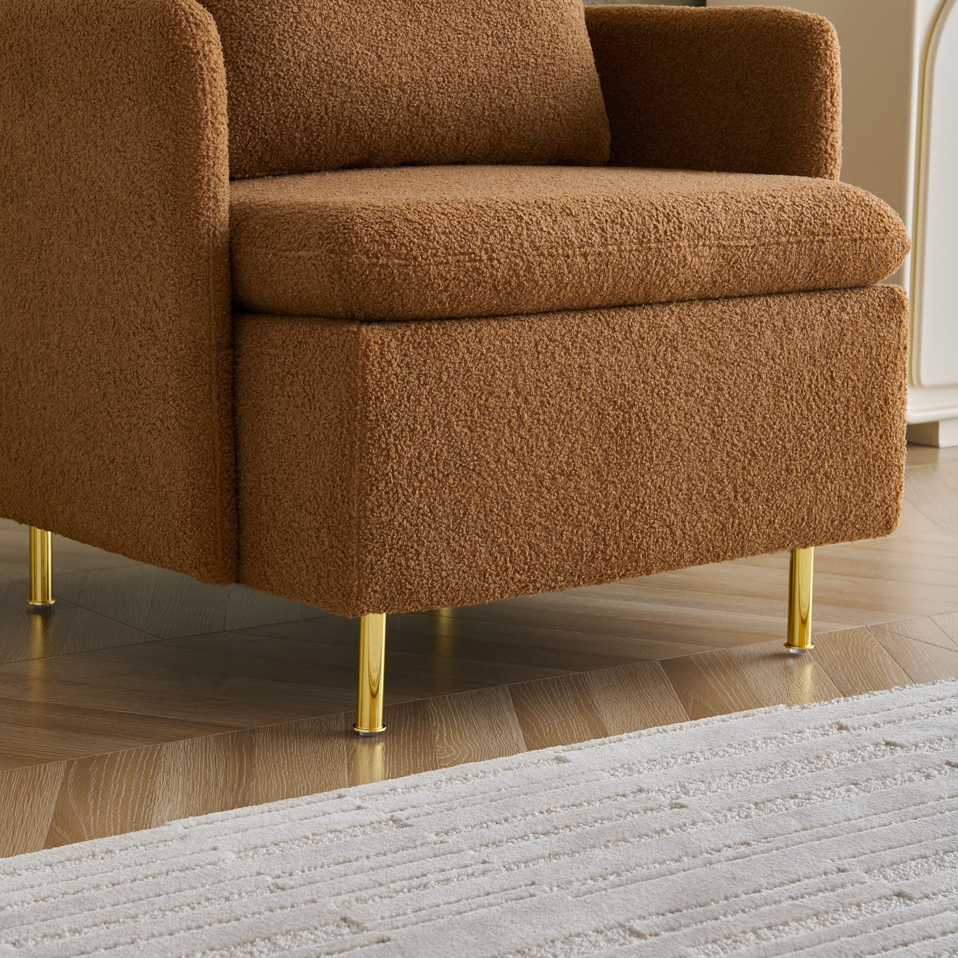 Modern Accent Chair, Sherpa Upholstered Cozy Comfy Armchair, Furry Reading Chair With Slim Armrest, Fuzzy Single Club Sofa Chairs For Living Room Bedroom Waiting Room Office Ivory Orange Foam Solid Wood
