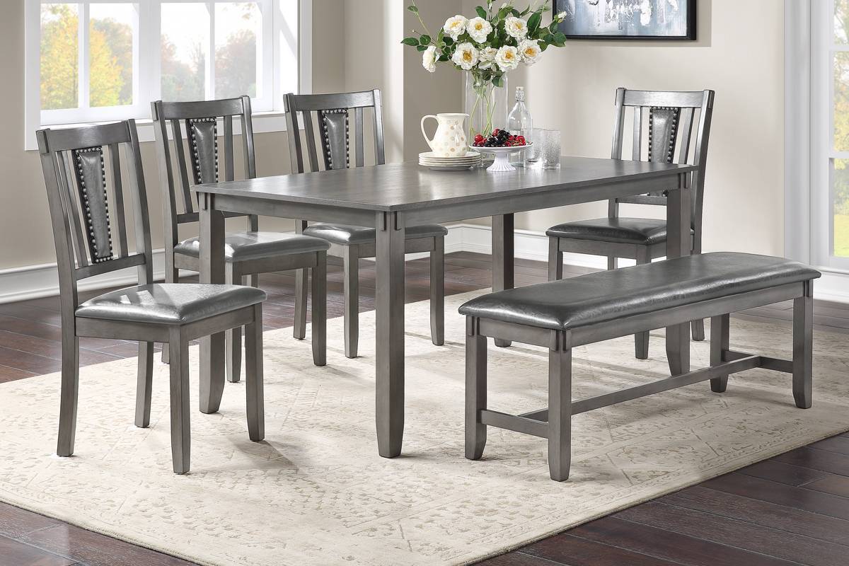 Dining Room Furniture Gray Color 6Pc Set Dining Table 4X Side Chairs And A Bench Solid Wood Rubberwood And Veneers Gray Wood Dining Room Solid Wood Rubberwood Rectangular Dining Table With Chair And Bench Wood Wood Grey Seats 6 60 Inches