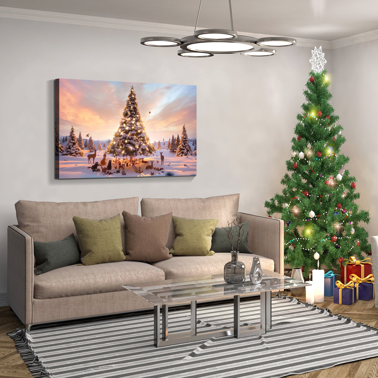 Framed Canvas Wall Art Decor Painting For Chrismas, Lighted Pine Tree At Night Chrismas Gift Painting For Chrismas Gift, Decoration For Chrismas Eve Office Living Room, Bedroom Decor Ready To Han Rectangle Framed Multicolor Christmas Oversized 41In