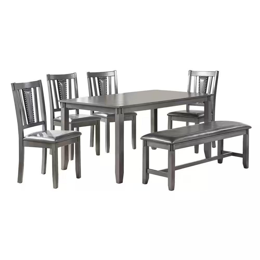 Dining Room Furniture Gray Color 6Pc Set Dining Table 4X Side Chairs And A Bench Solid Wood Rubberwood And Veneers Gray Wood Dining Room Solid Wood Rubberwood Rectangular Dining Table With Chair And Bench Wood Wood Grey Seats 6 60 Inches