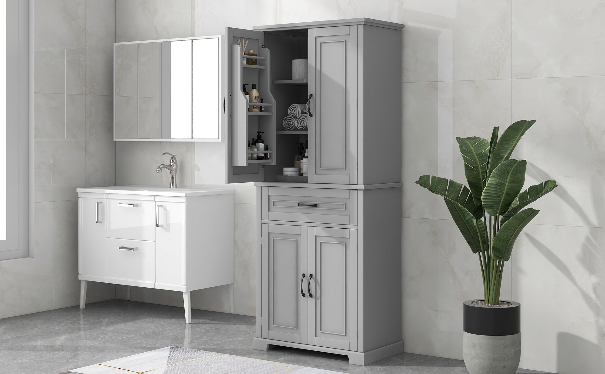 Bathroom Storage Cabinet With Doors And Drawer, Multiple Storage Space, Adjustable Shelf, Grey Grey Mdf