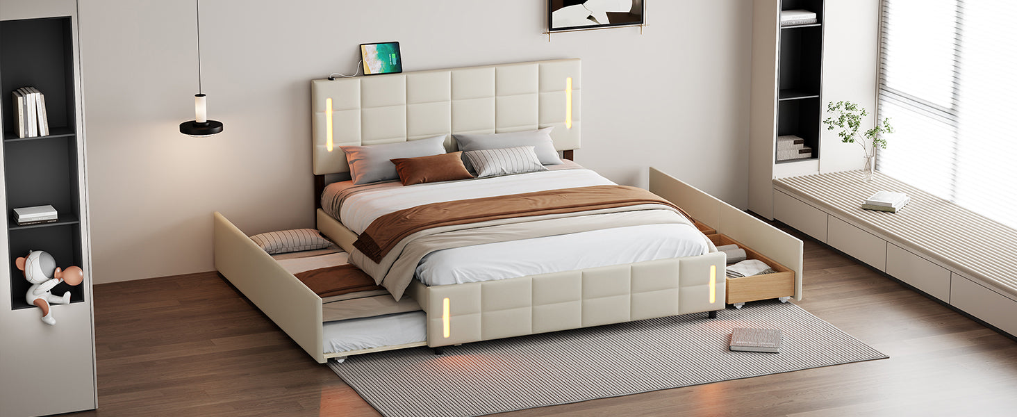 Queen Size Upholstered Platform Bed With Trundle And Drawers, Beige Queen Beige Upholstered