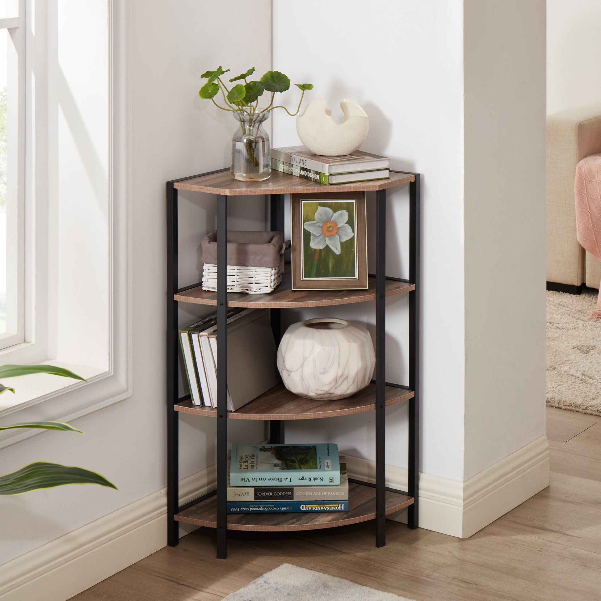 4 Tier Corner Open Shelf,Bookcase Freestanding Shelving Unit,Plant Stand Small Bookshelf For Living Room, Home Office, Kitchen, Small Space Brown Corner Office American Design,Rustic Metal & Wood